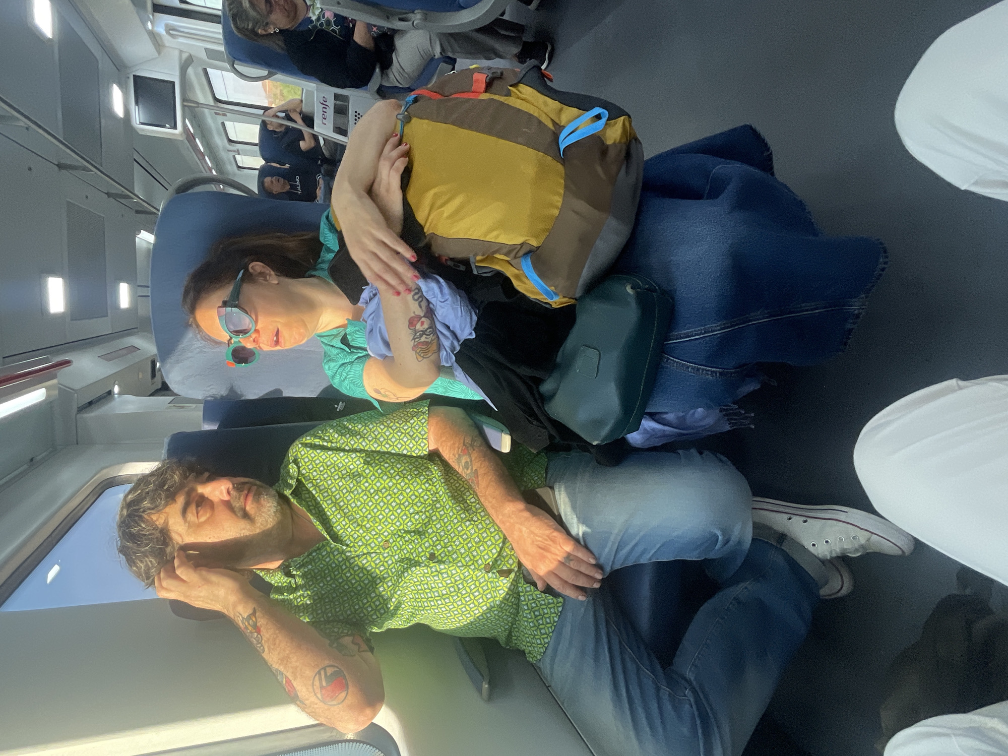 Two passengers rest during early morning train journey in Spain