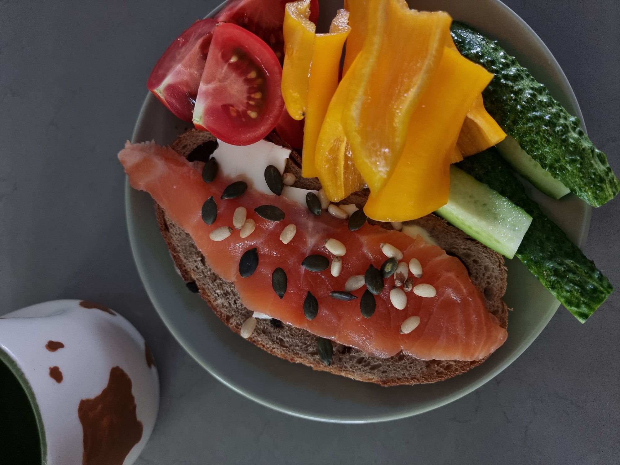 Smoked salmon open-faced sandwich with seeds and white cheese