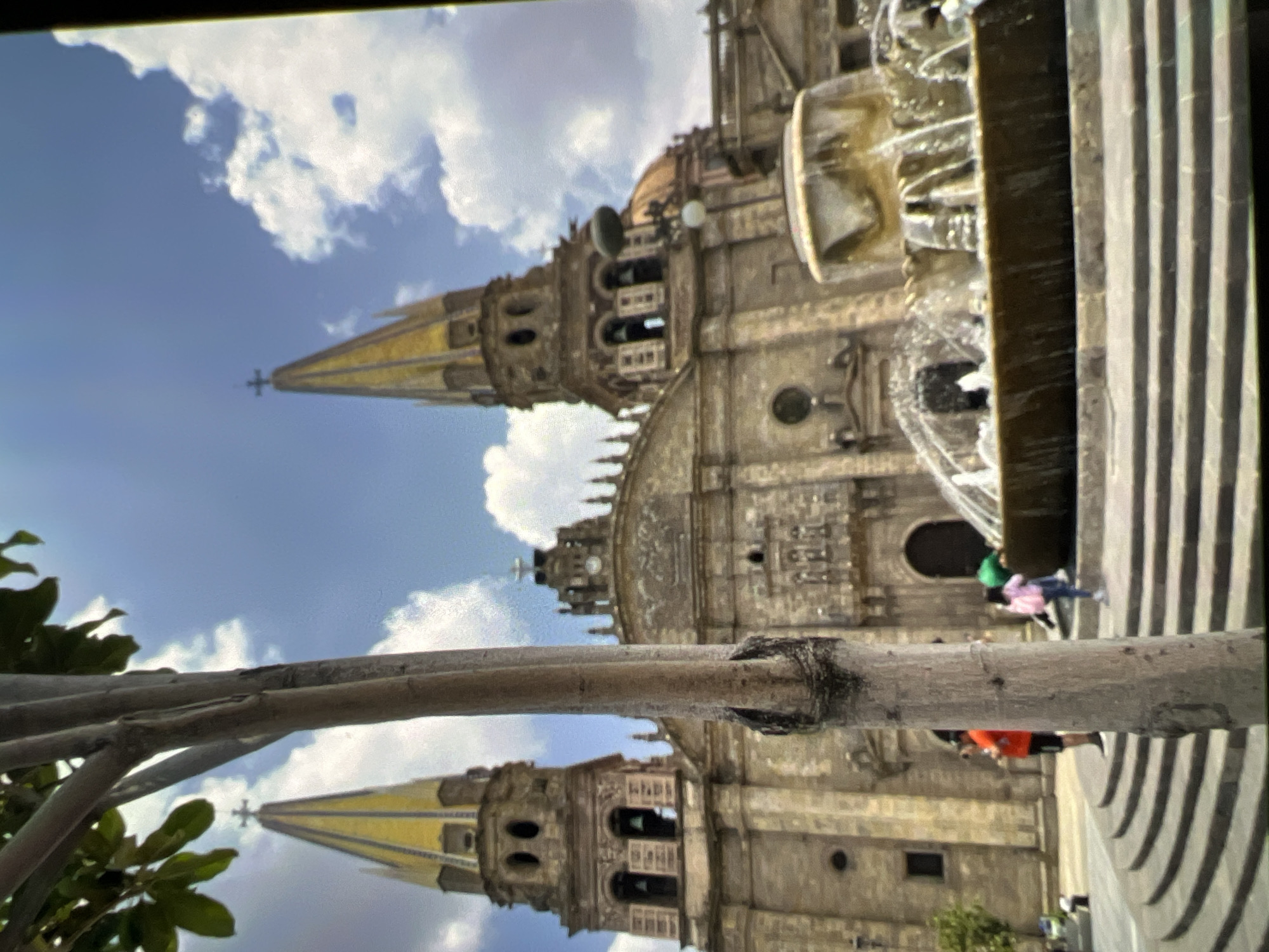 Ornate cathedral, cascading fountain, and two curious pugs