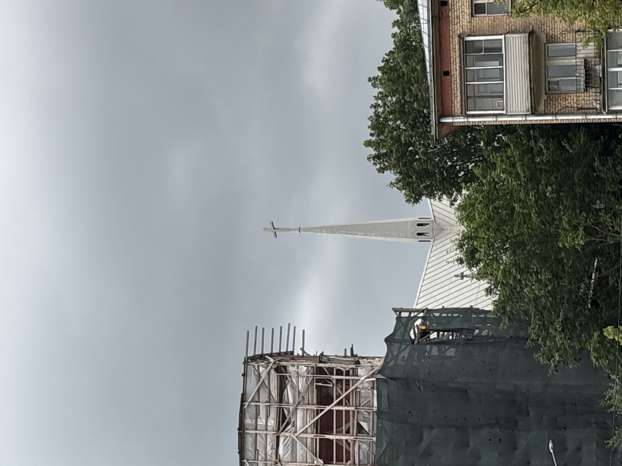 Church spires, renovation sites, and a duck pond in Saint Petersburg