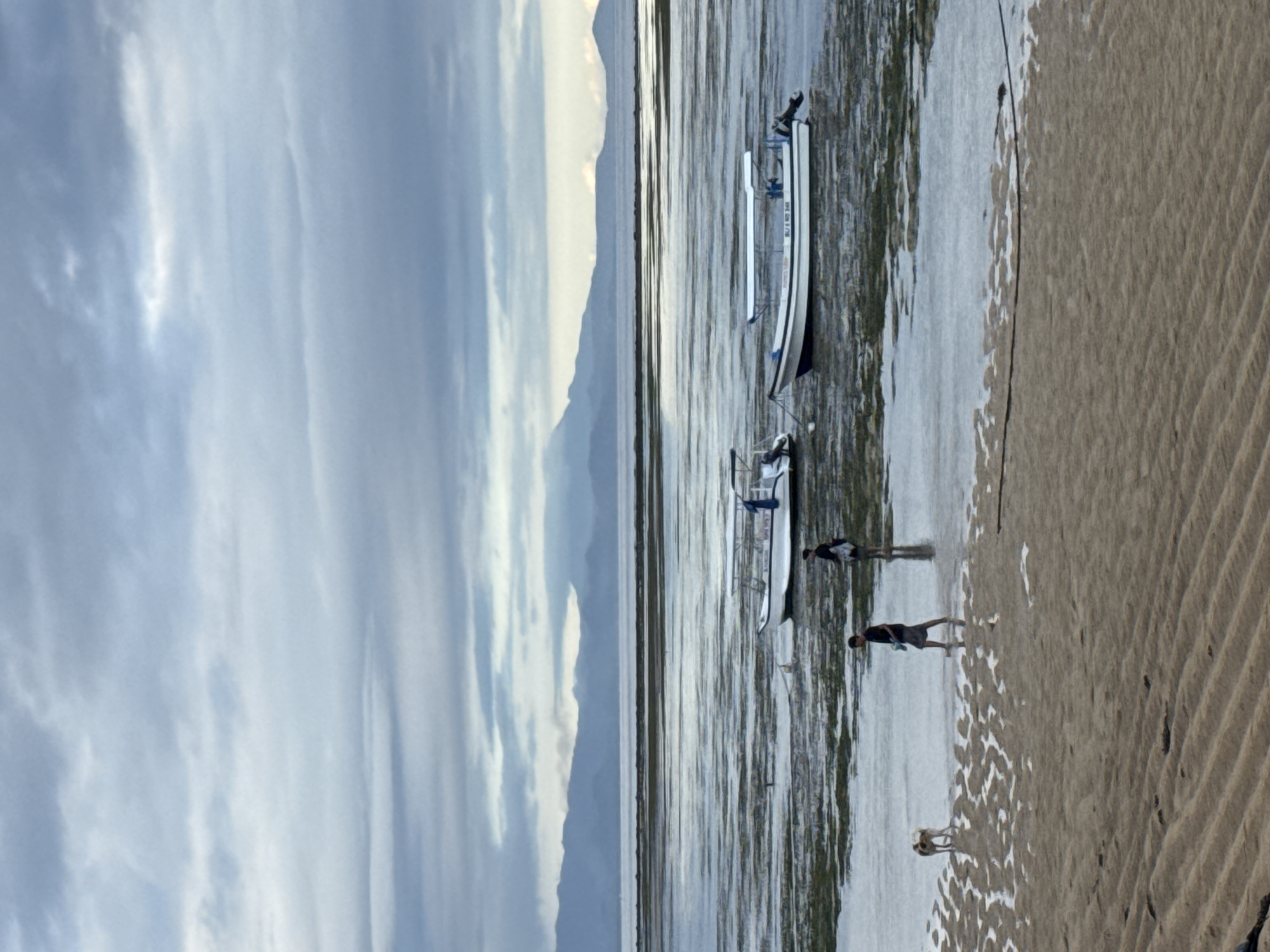 Low tide grounds boats on Denpasar beach during morning hours
