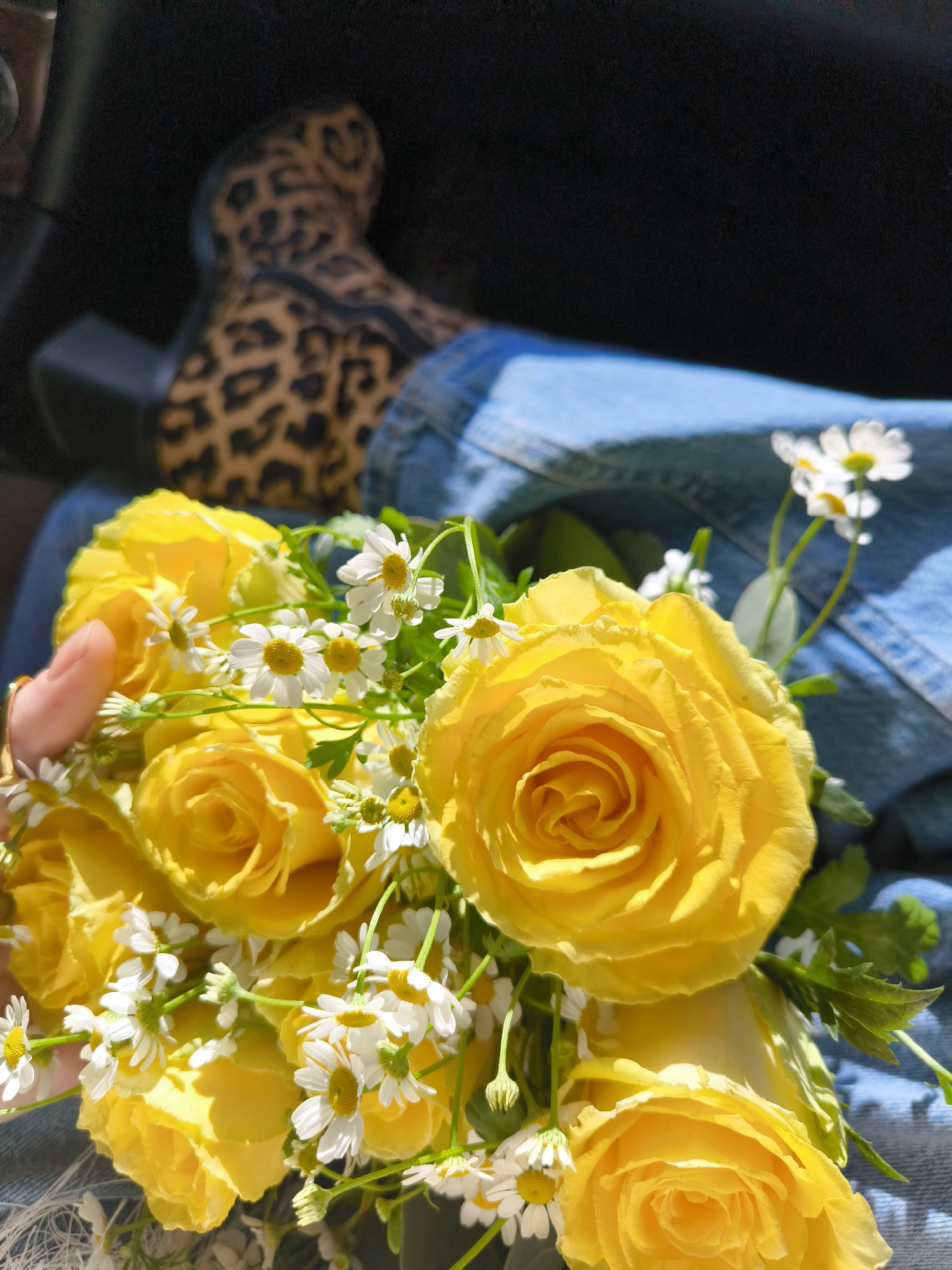 Yellow roses and daisies bouquet photographed in Riga
