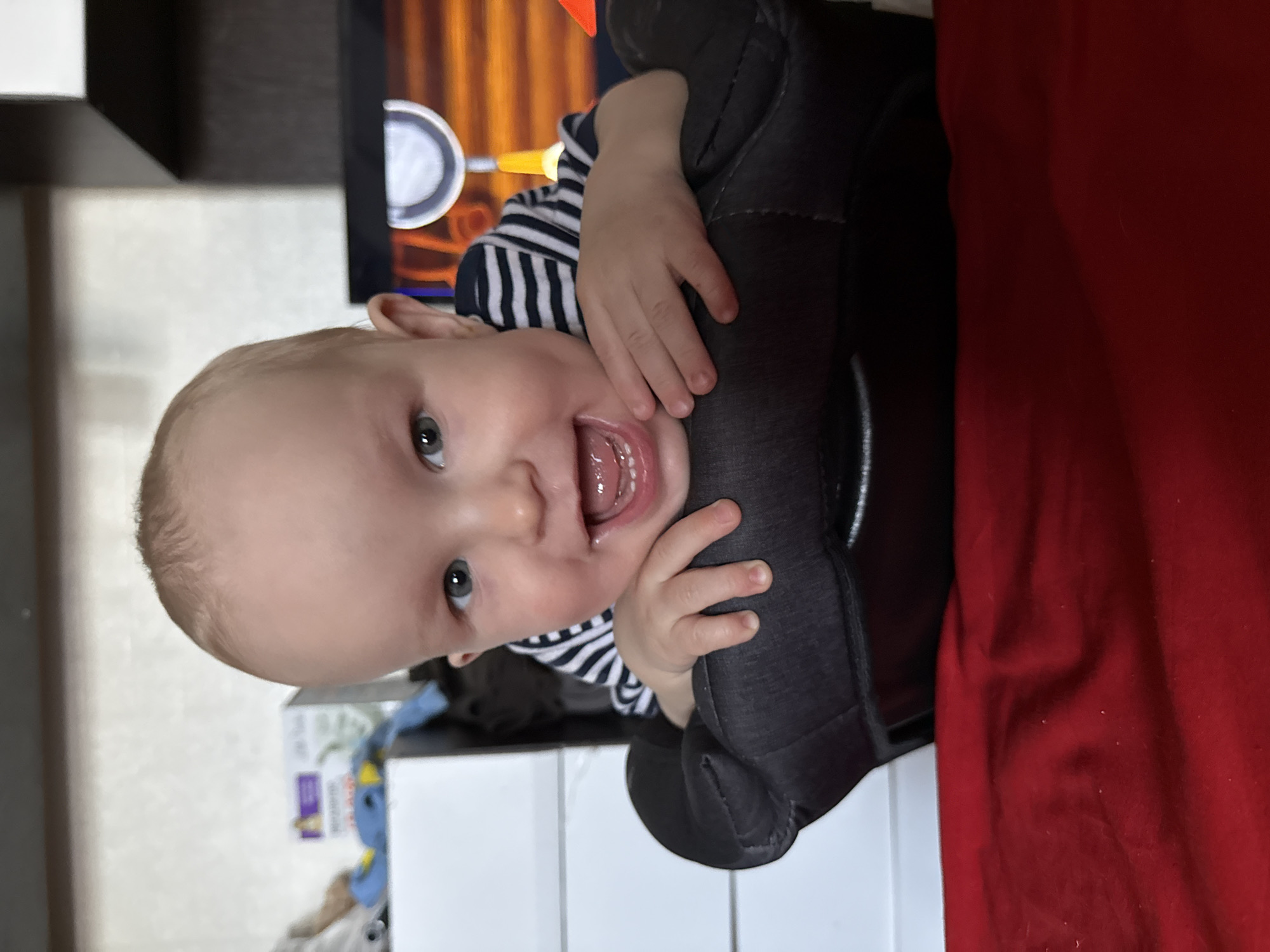 Baby photographed smiling in carrier in Donetsk home