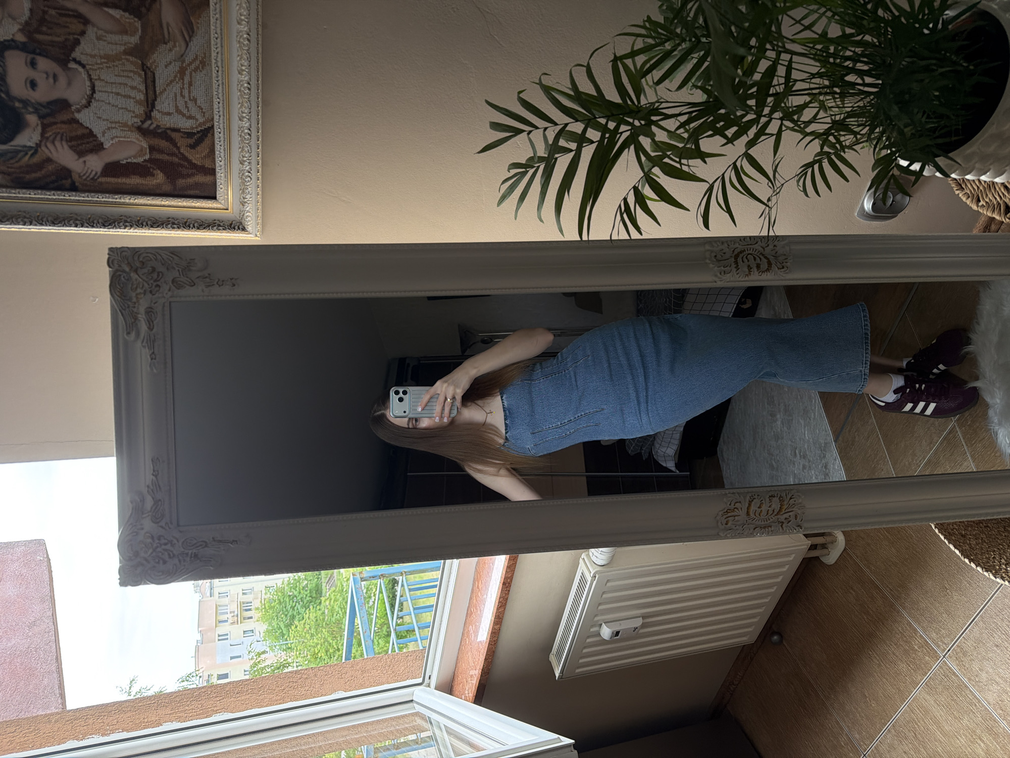 Mirror selfie in denim and maroon shoes, Gorzow