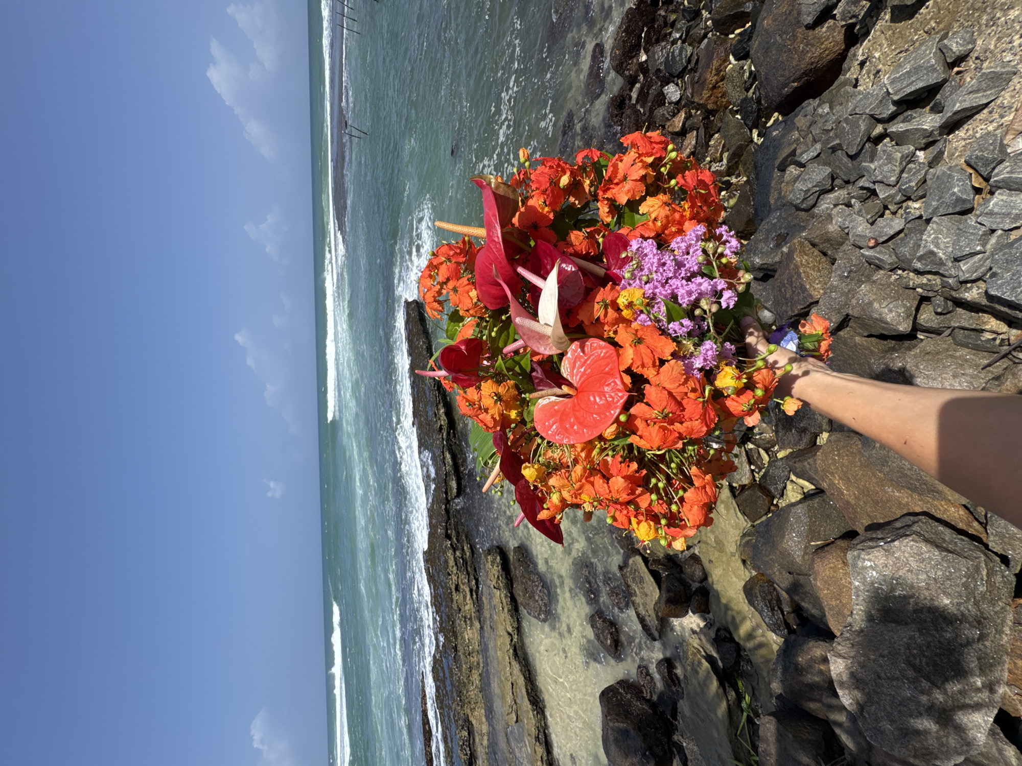 Tropical villa morning with vibrant flowers by the Sri Lankan coast