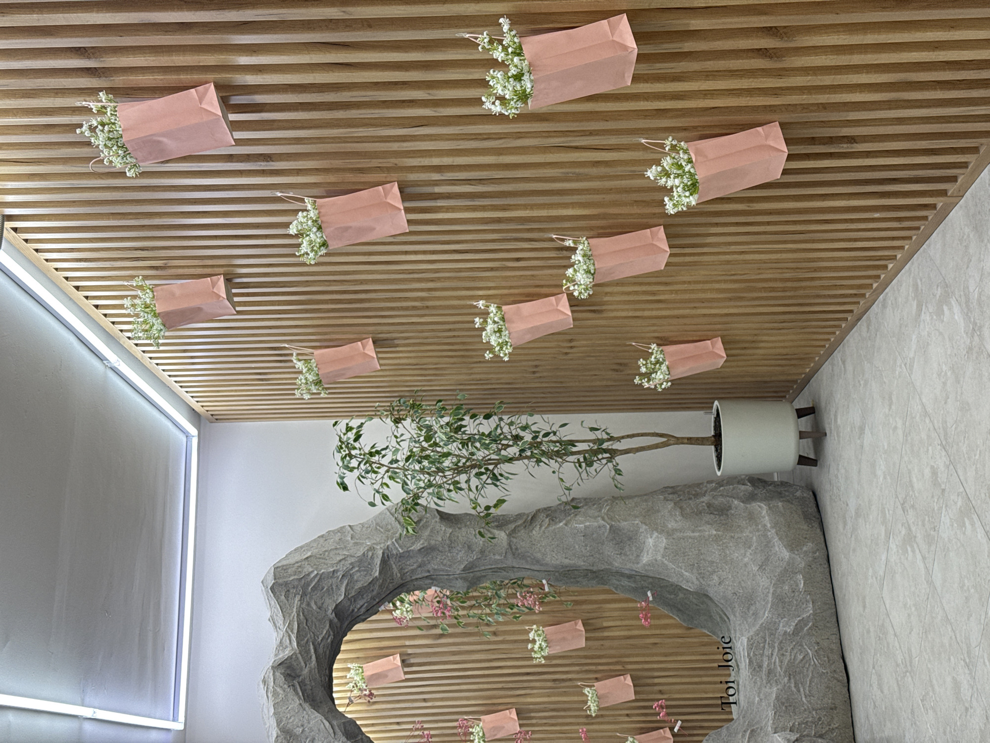 Pink paper bags spotted hanging from ceiling in Izhevsk interior