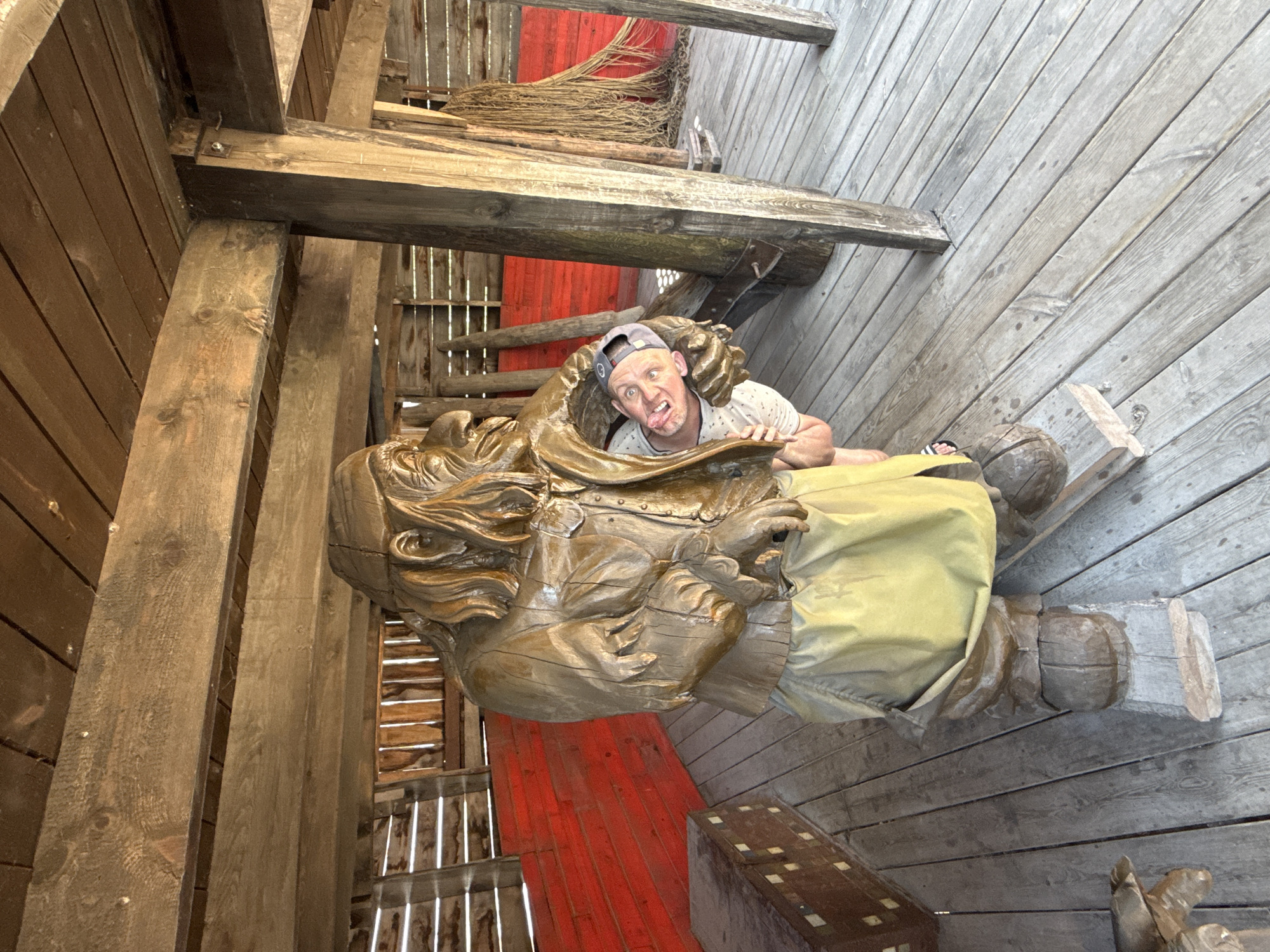 Peeking out from behind Satka's iconic wooden troll sculpture