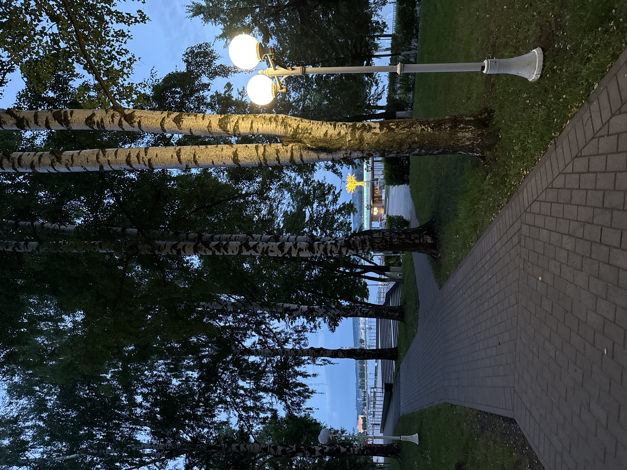 Dusk on the Votkinsk waterfront, pontoon boat docked nearby