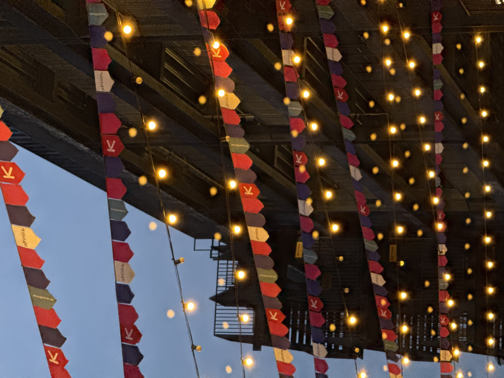Building facade strung with festive lights at dusk