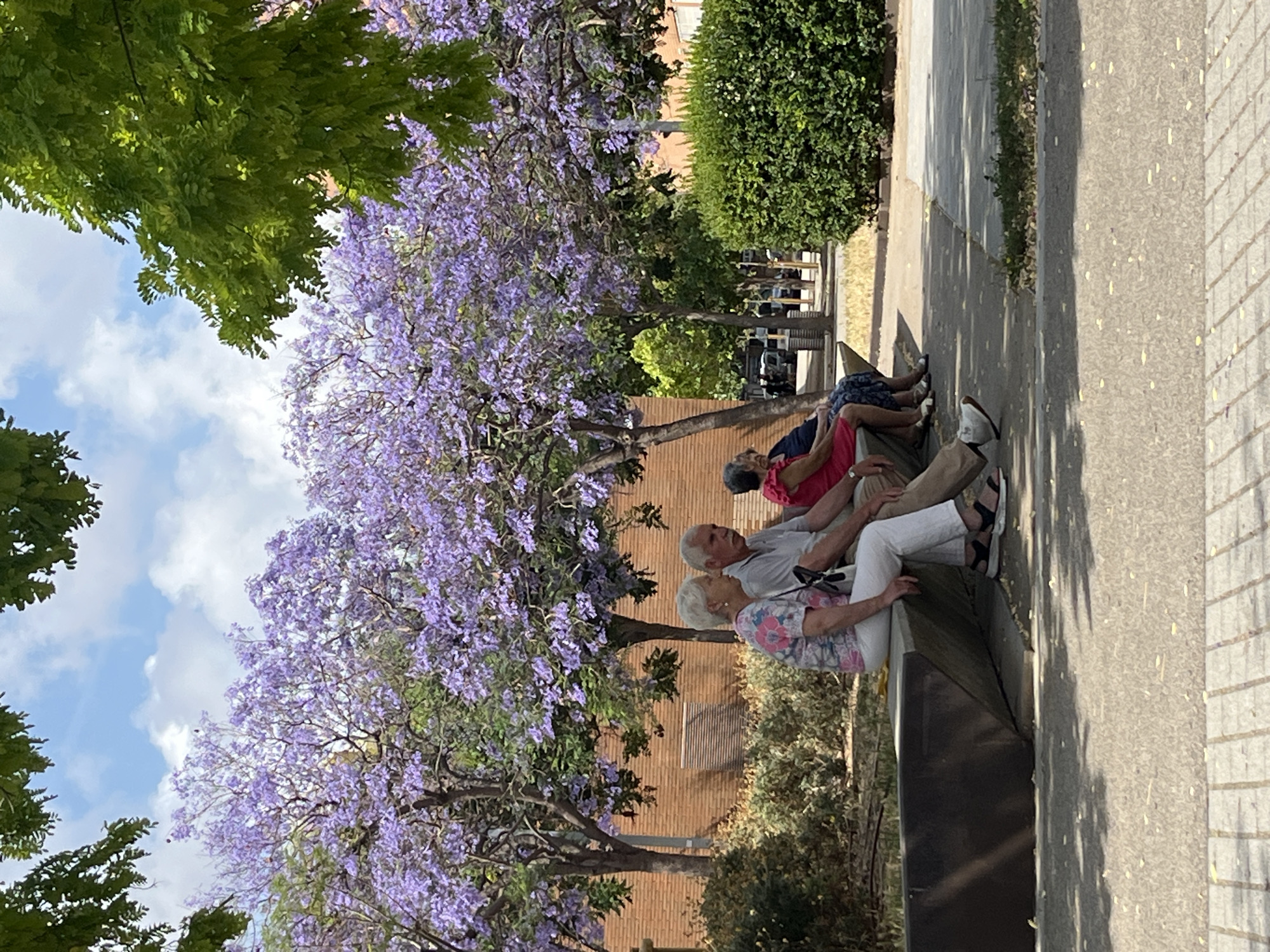 Three people sit on bench in Sant Boi park