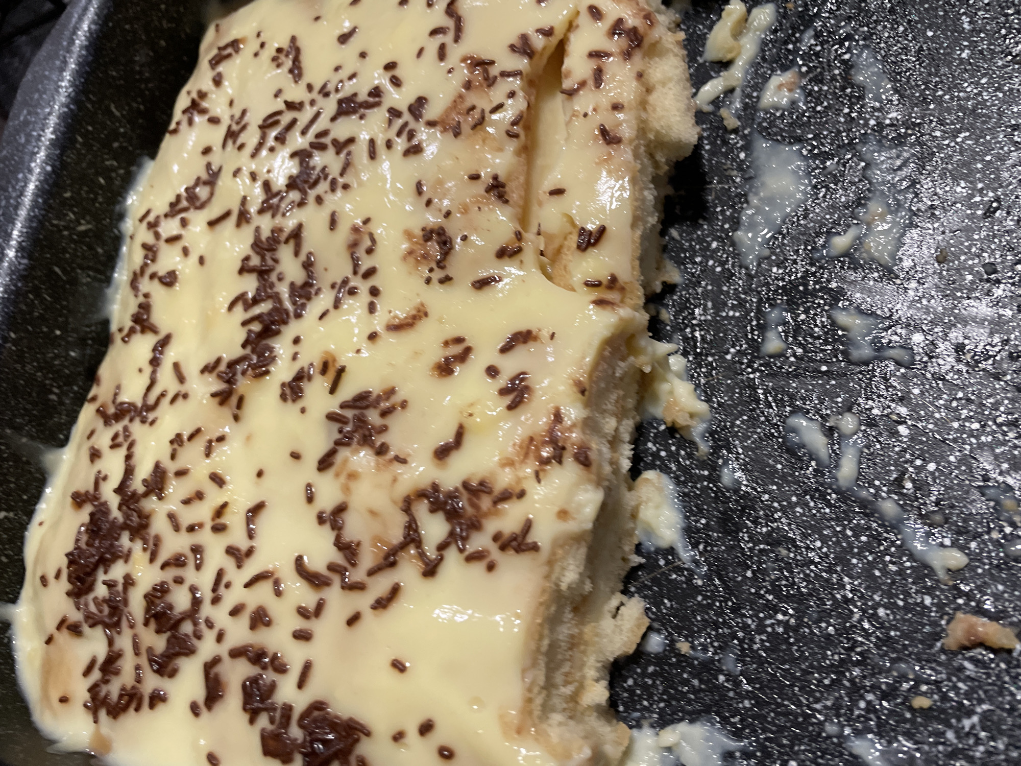 Partially eaten layered dessert photographed in Zlatograd, Bulgaria