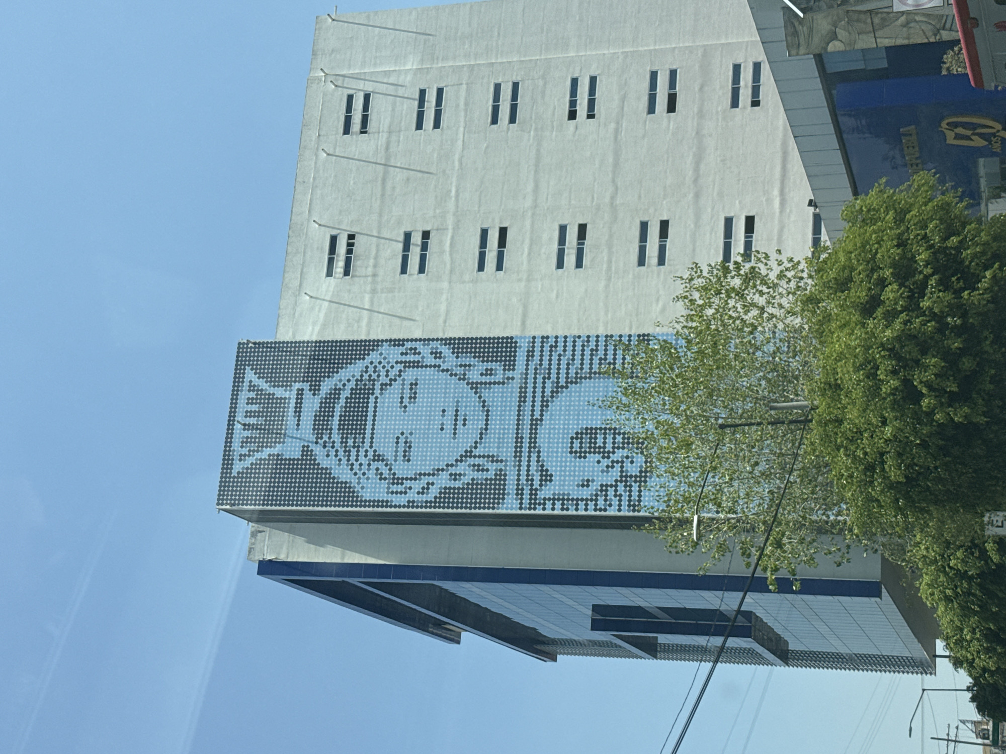 Pixelated portrait spotted on Puebla building wall