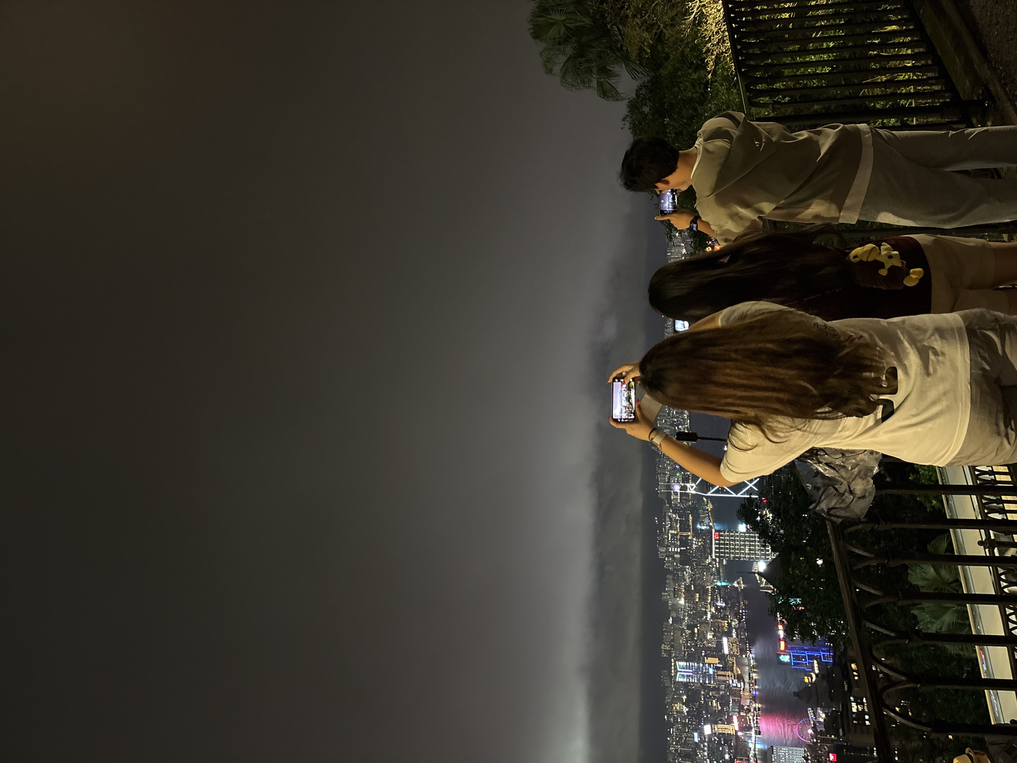 Tourists photograph Hong Kong skyline from elevated viewpoint