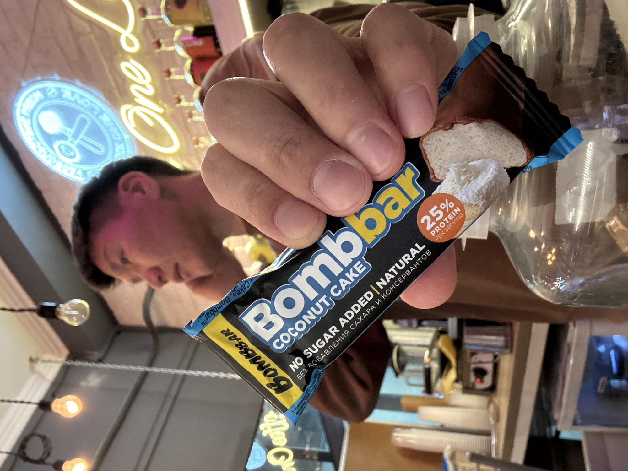 Person holds protein bar in Khimki, Russia