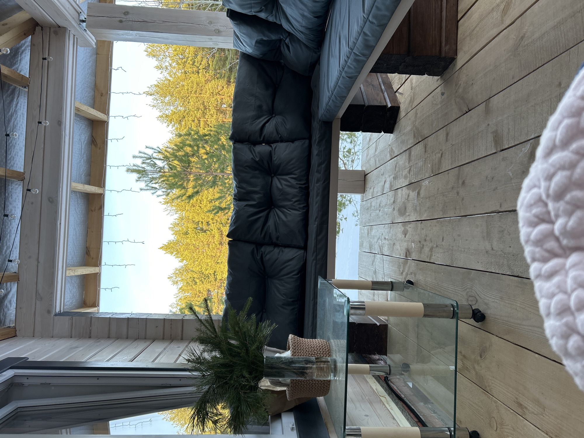 Family relaxation time at covered porch in snowy Russia