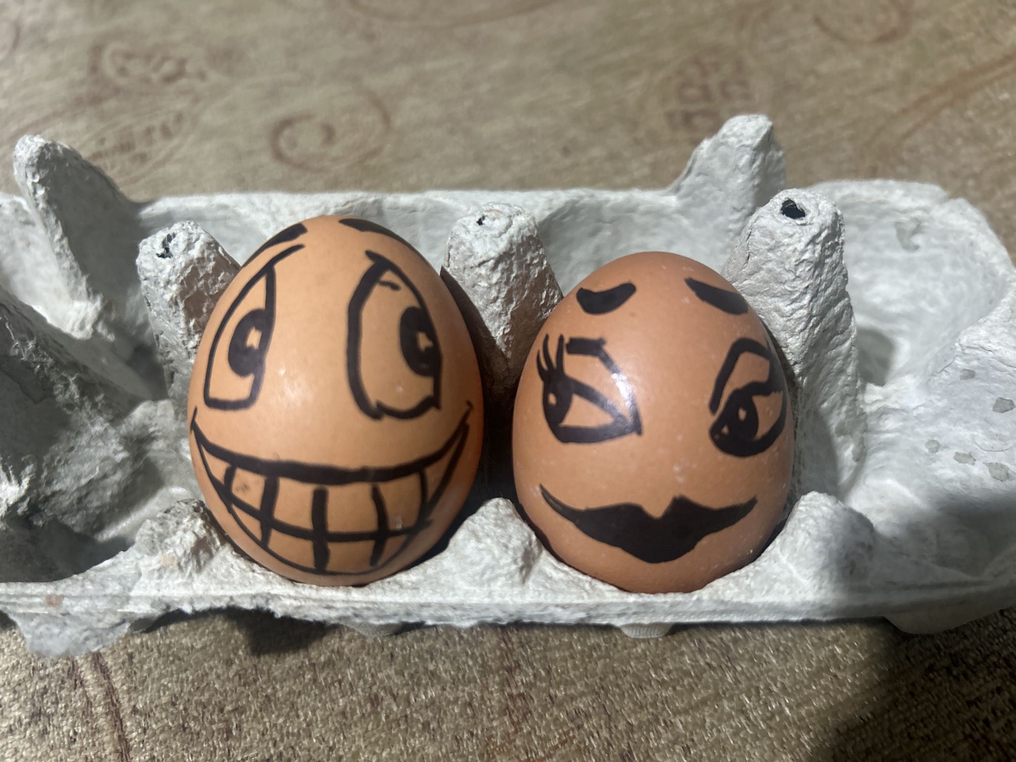 Eggs with drawn faces documented in refrigerator carton