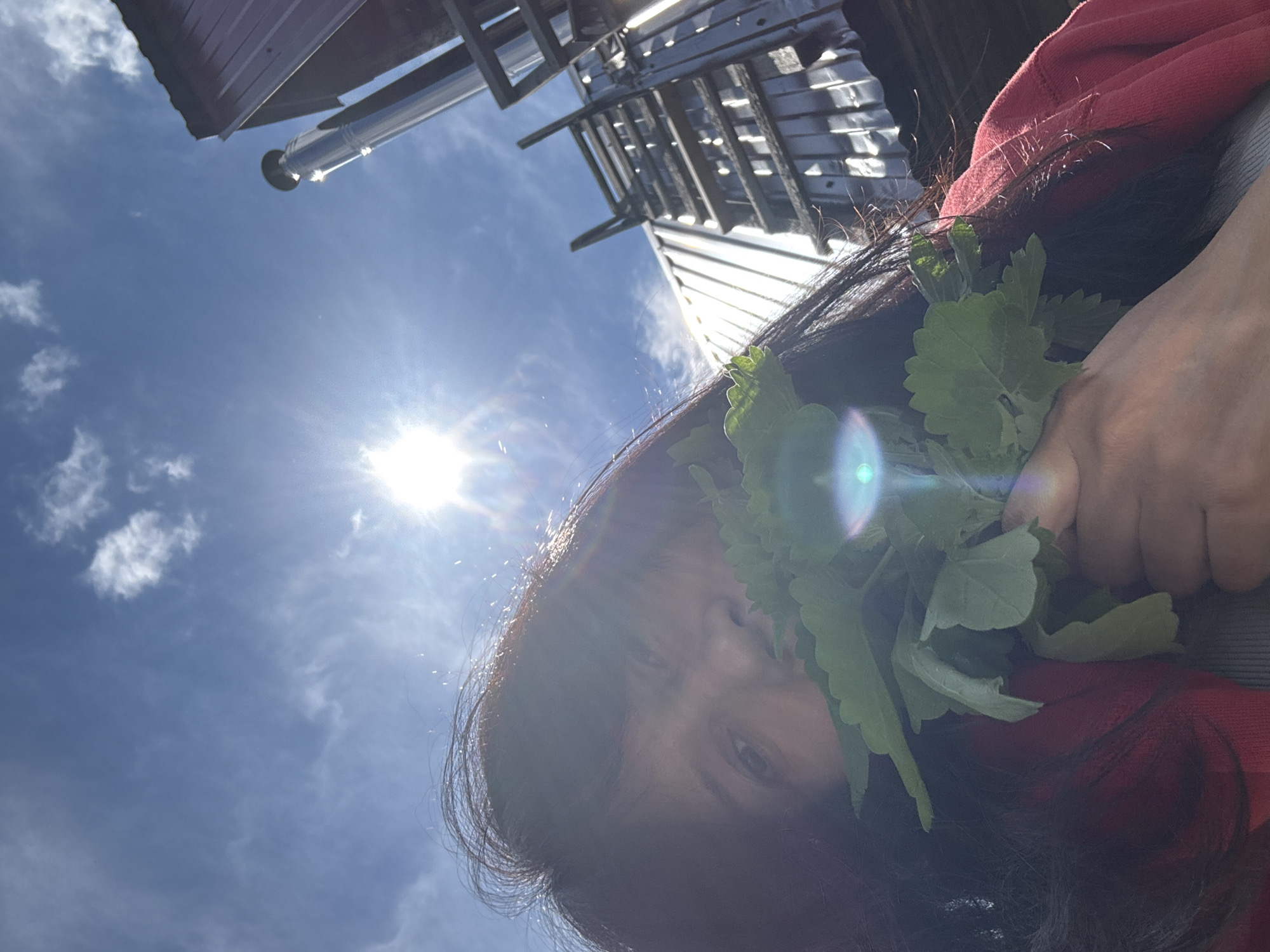 Person holds leafy plants near face in Chaikovsky, Russia