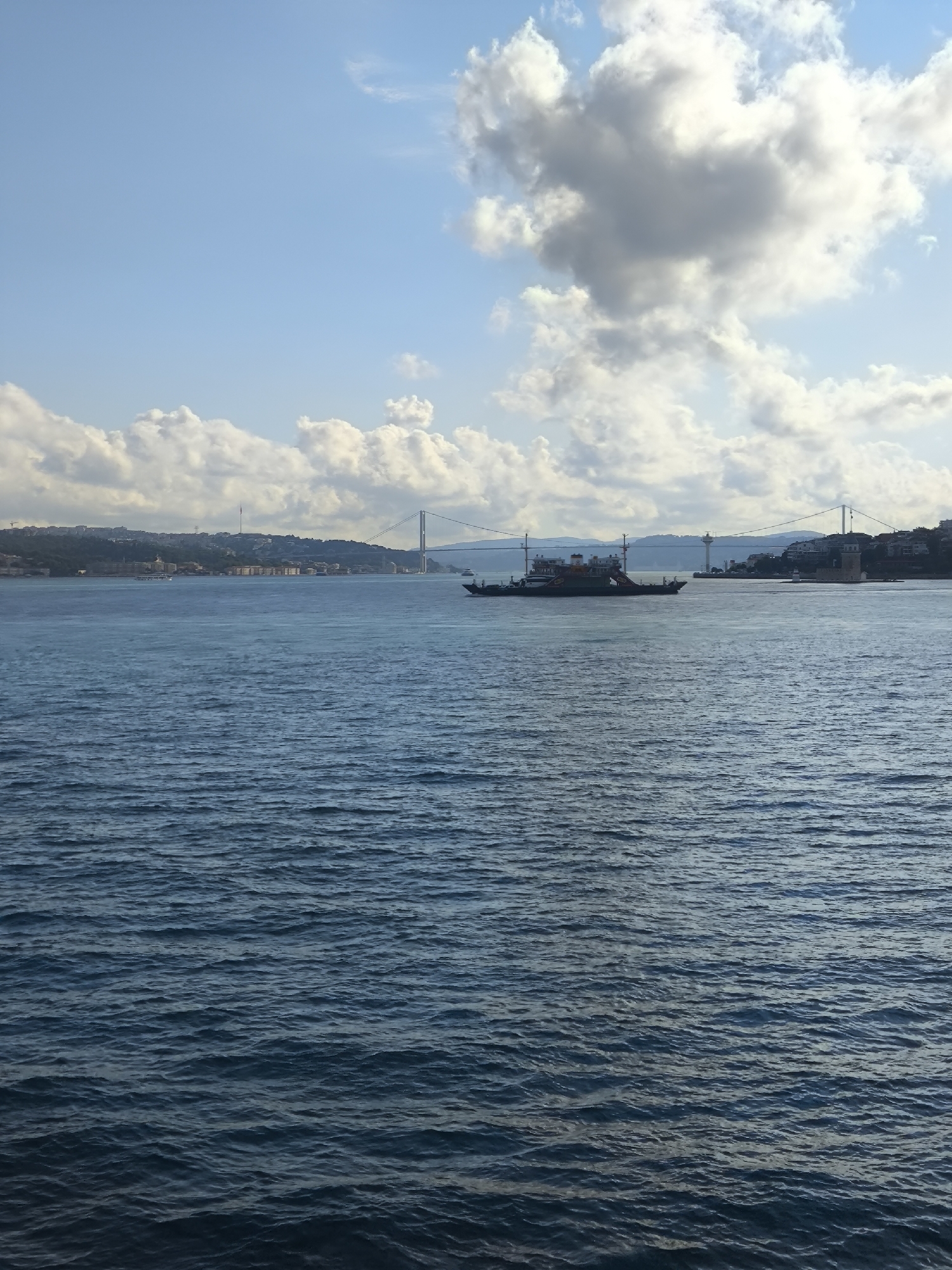Choppy Bosphorus waters with cruise ship and Istanbul skyline