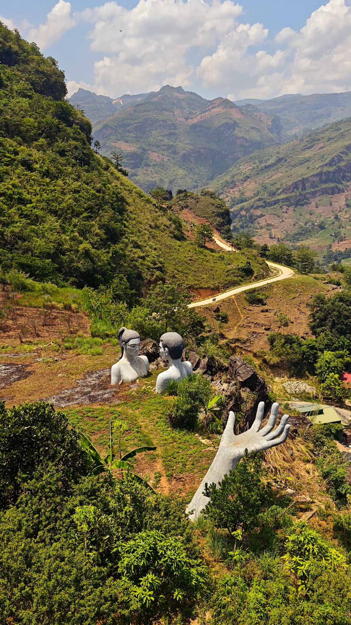 Morning landscape views and sculptures documented in Cốc Pài, Vietnam