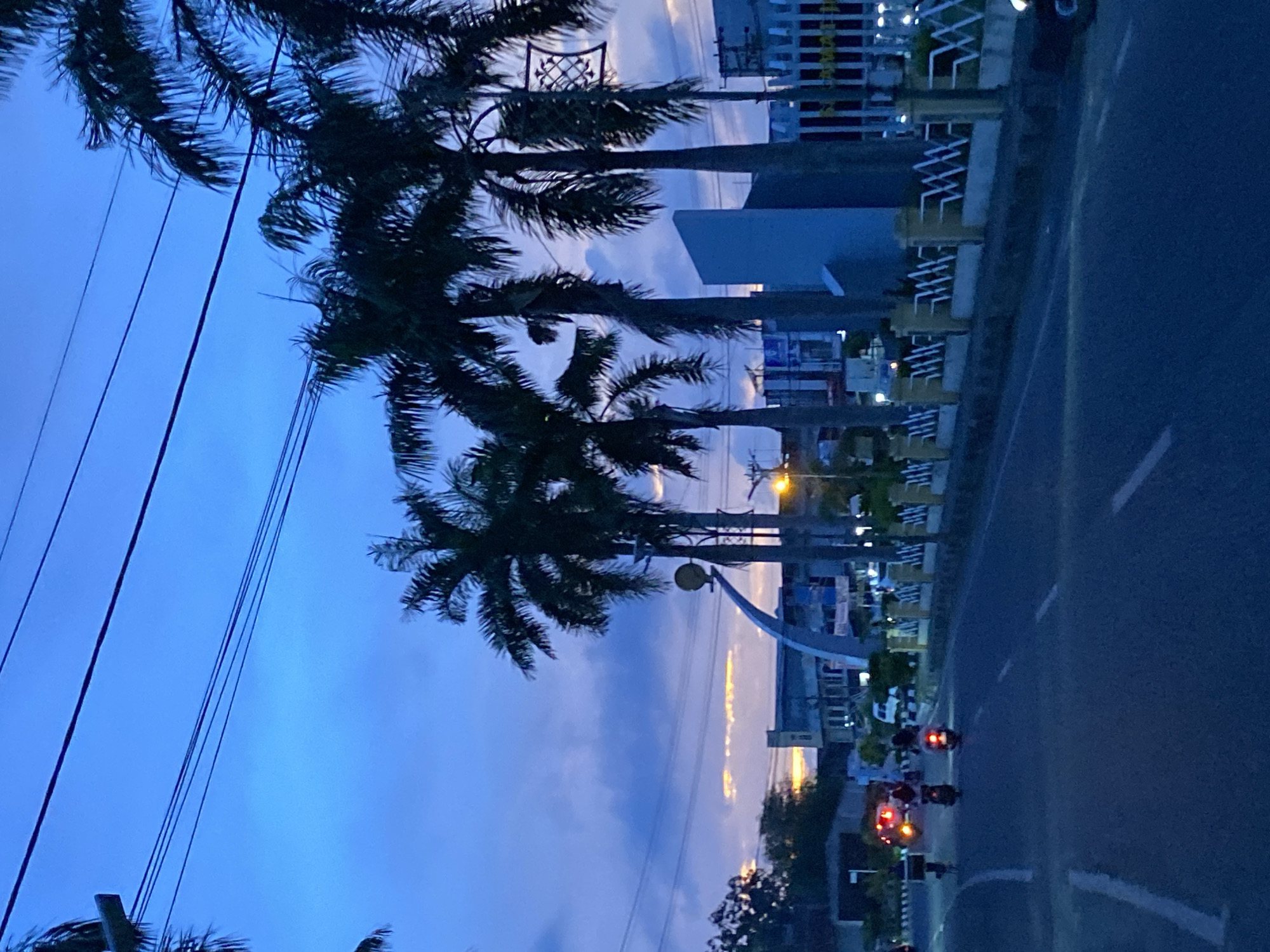 Twilight street scene in Lhokseumawe with palm trees and golden sky