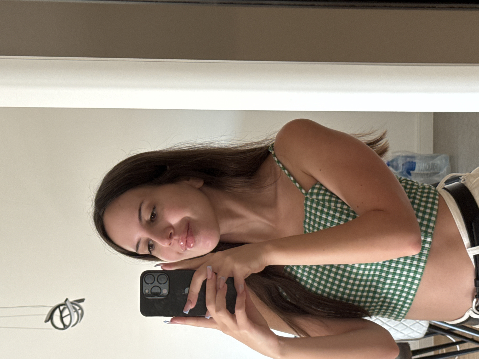 Bedroom mirror selfie session with outfit and nail close-ups