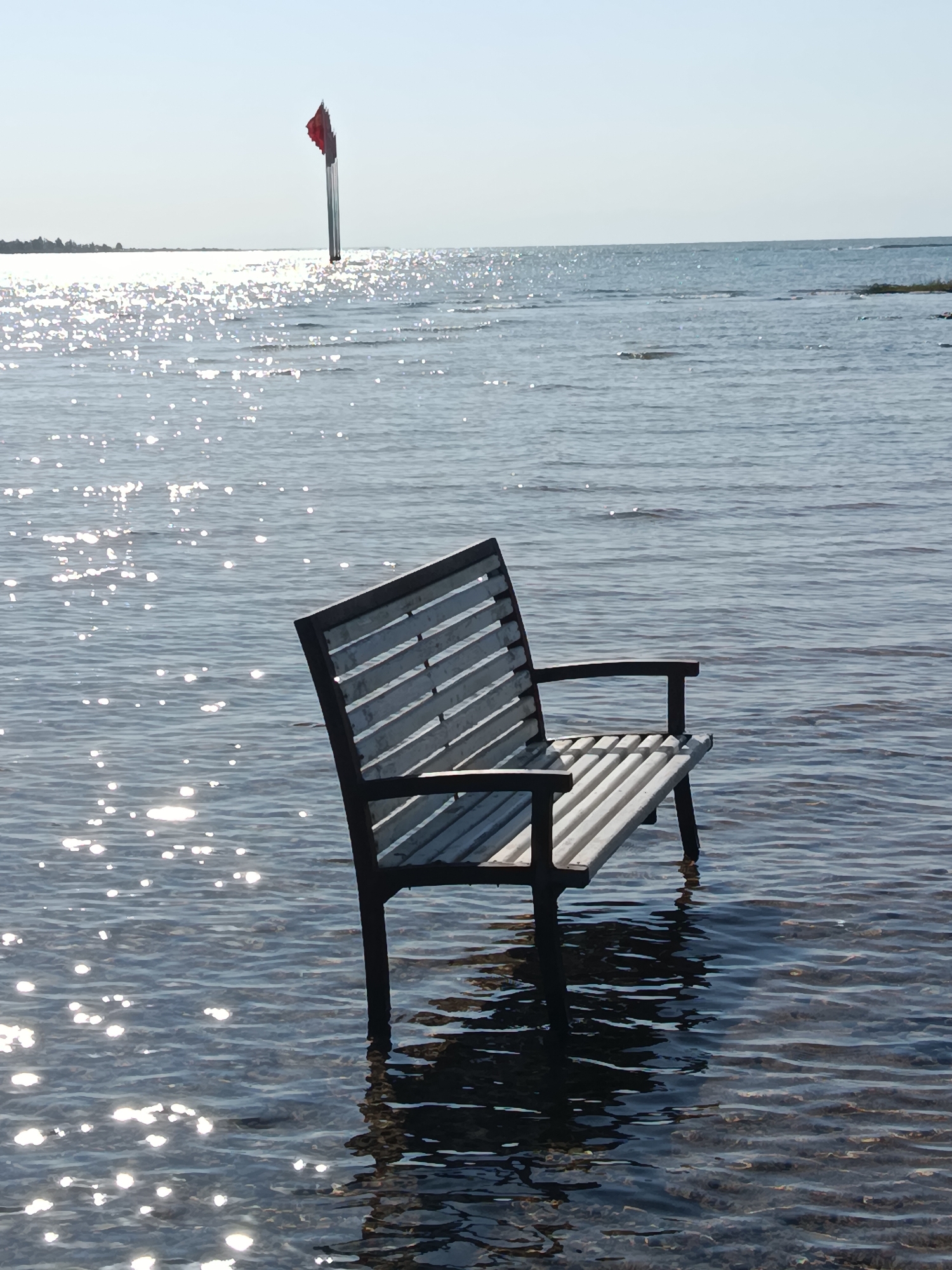 Wooden bench half-submerged in calm, shallow lake water