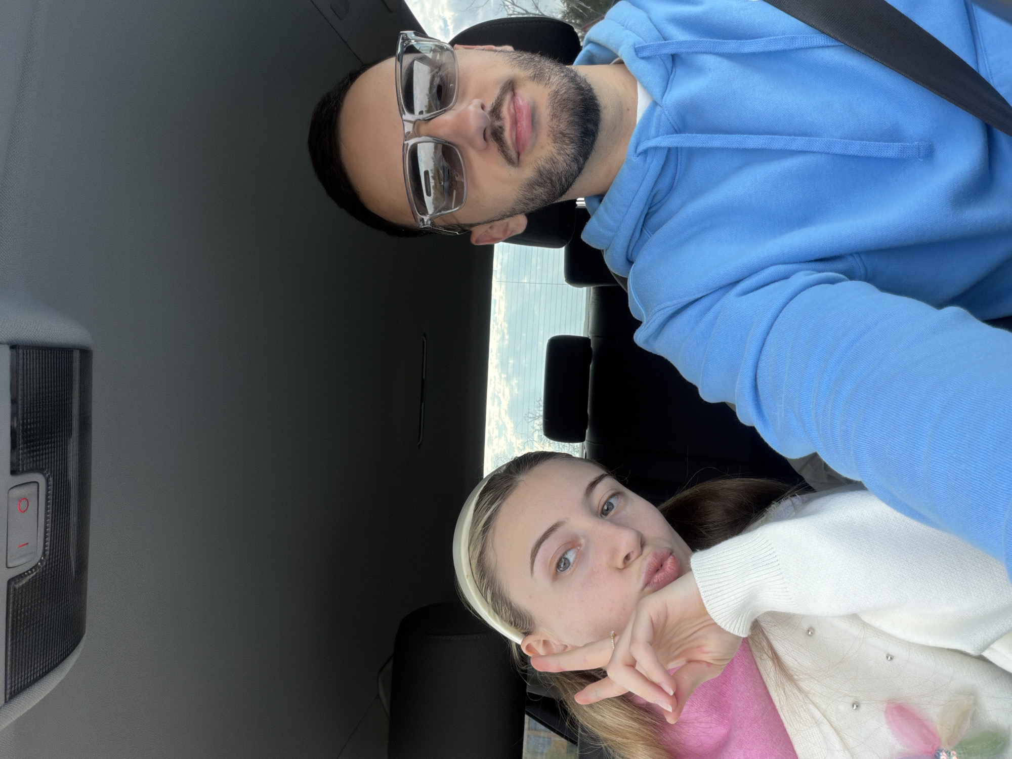 Couple takes selfie in car in Plovdiv, Bulgaria