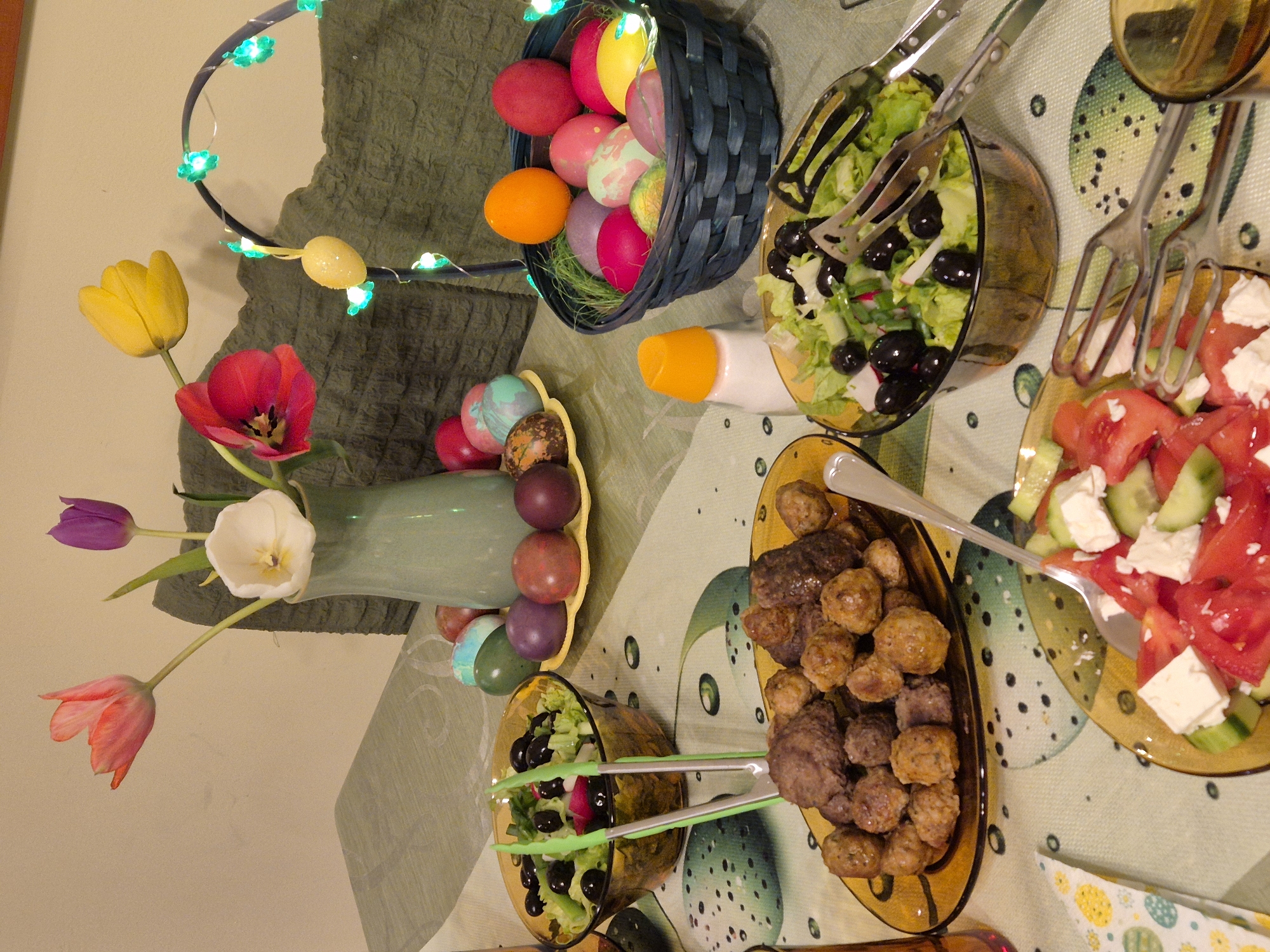 Easter celebration features Mediterranean salads and colorful decorated eggs
