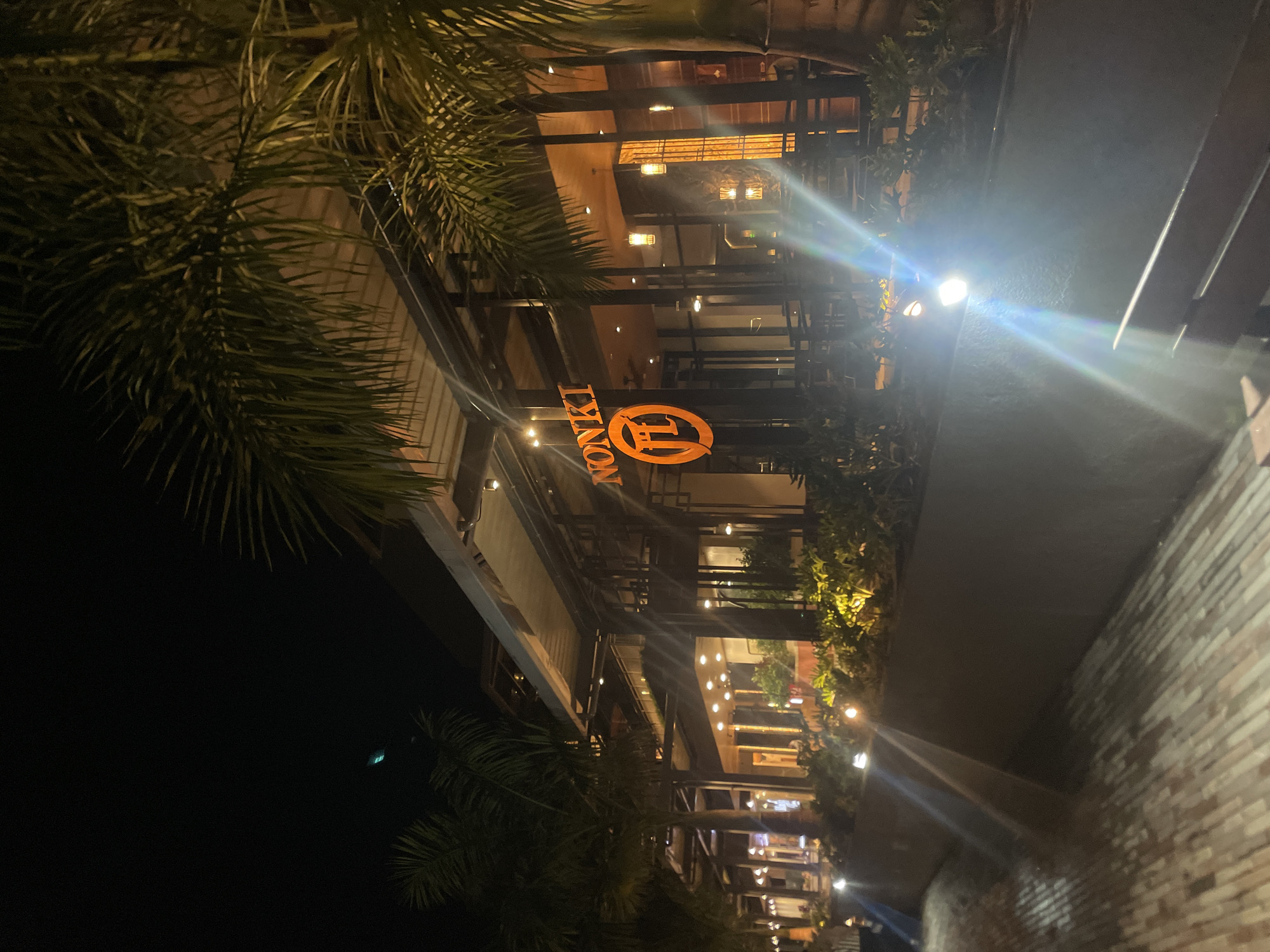 Nighttime park scenes with illuminated fountains and buildings observed