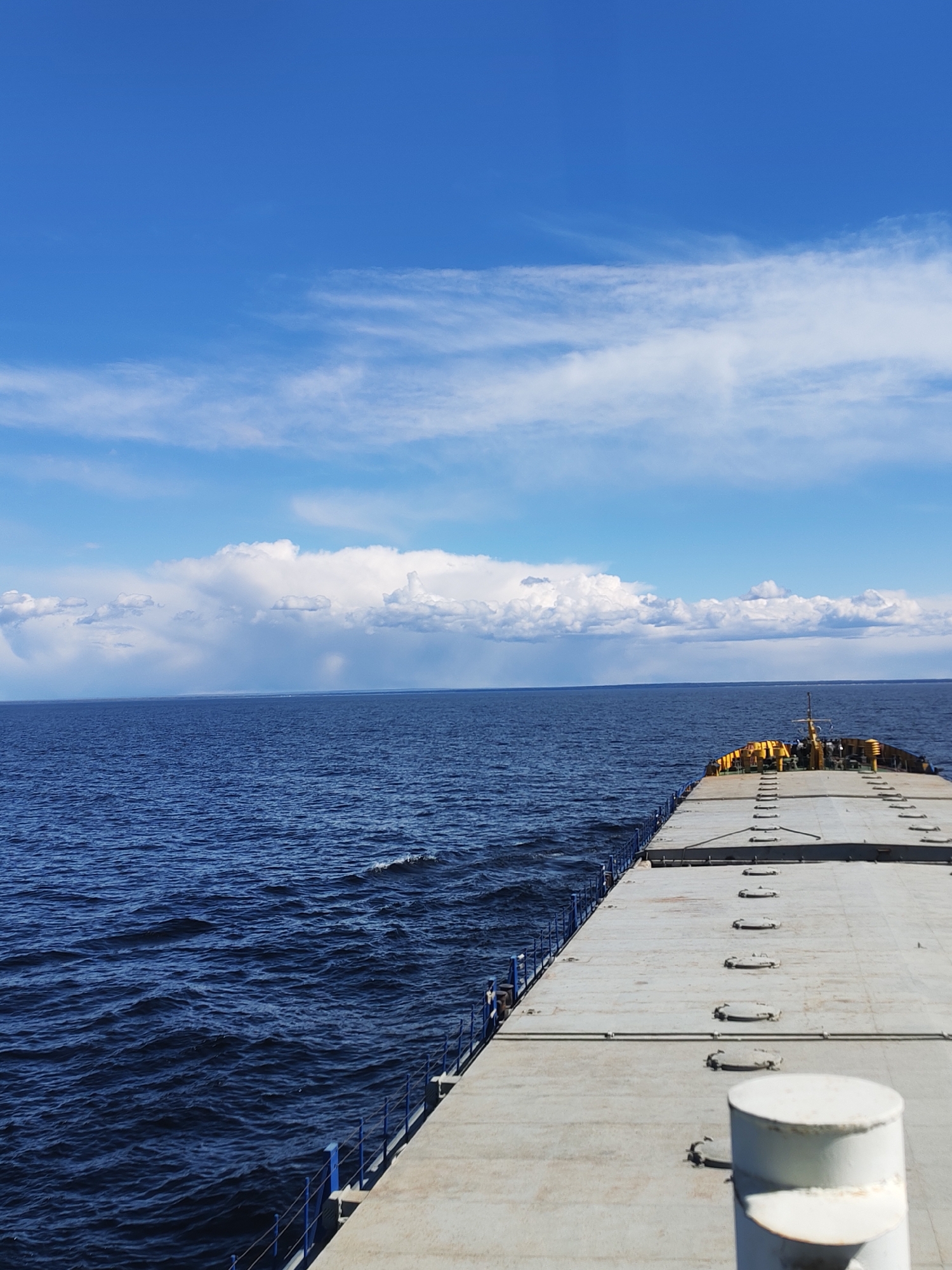 Russian-flagged ship sails near Golyashi under cloudy skies