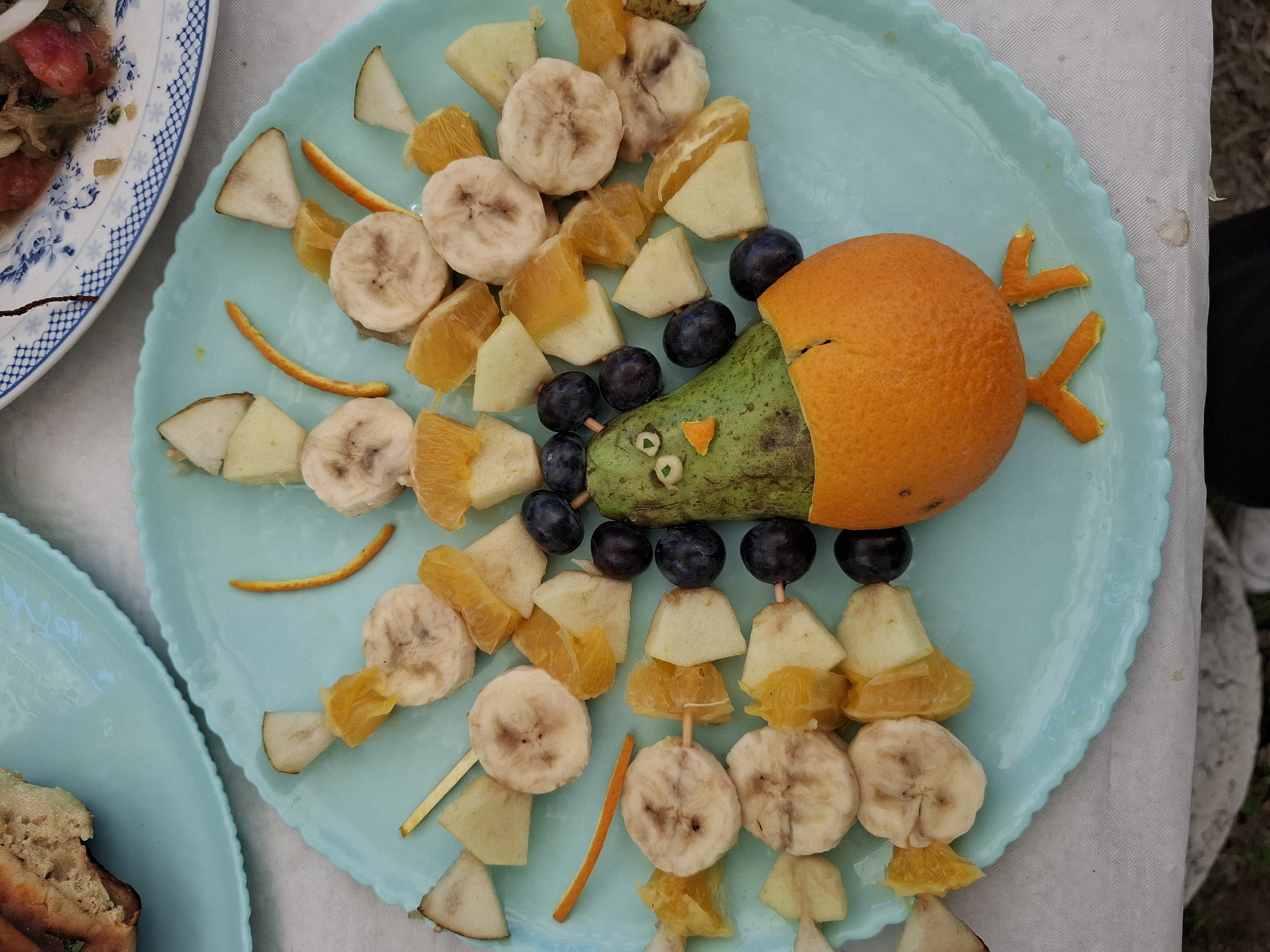 Creative fruit fish display accompanies outdoor meal in Varna