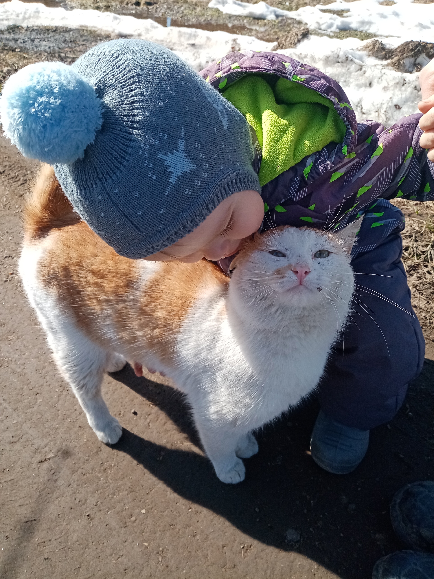 Child embraces cat in tender moment in Igra, Russia