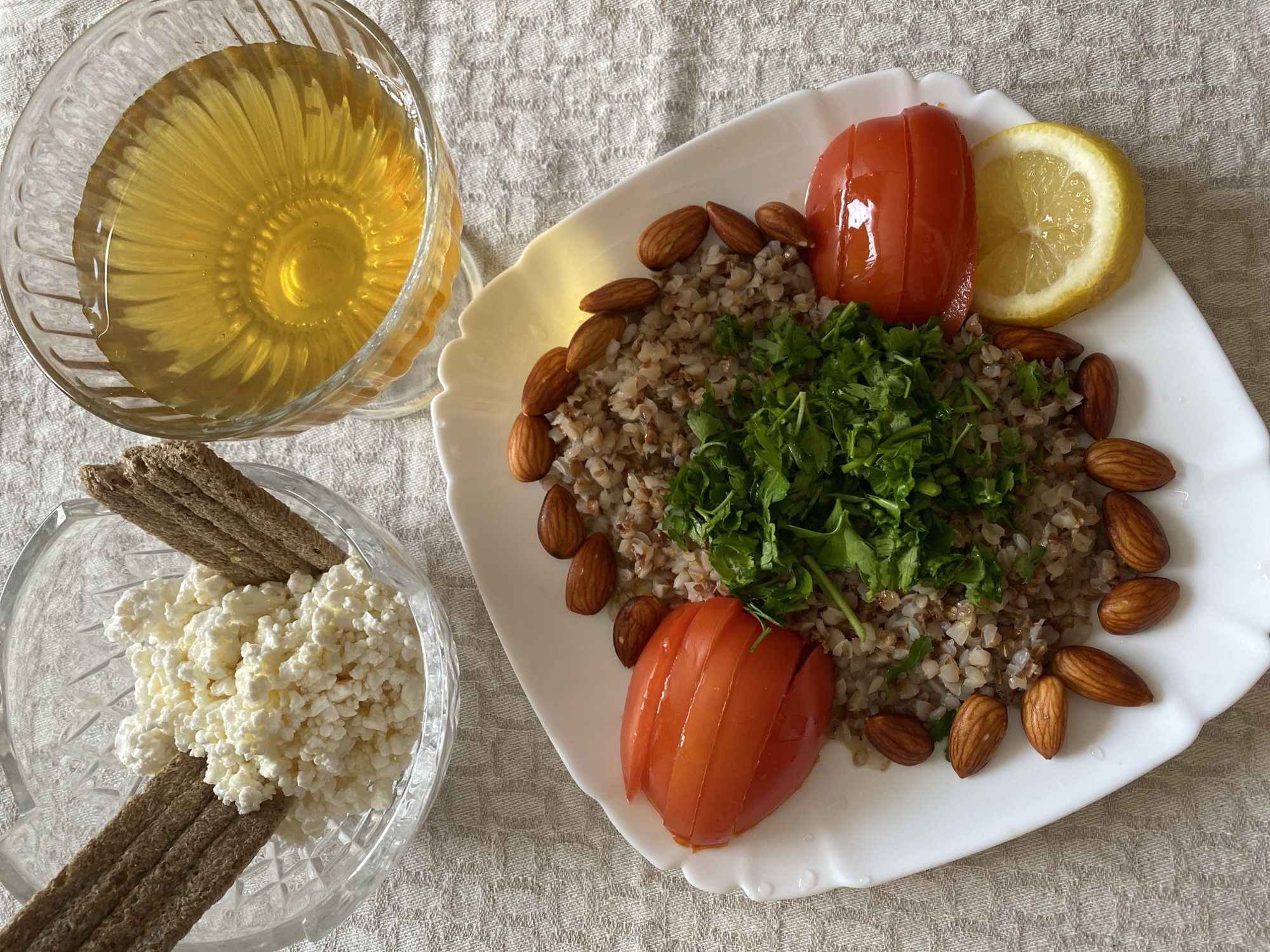Buckwheat and cottage cheese breakfast spread in Lida, Belarus