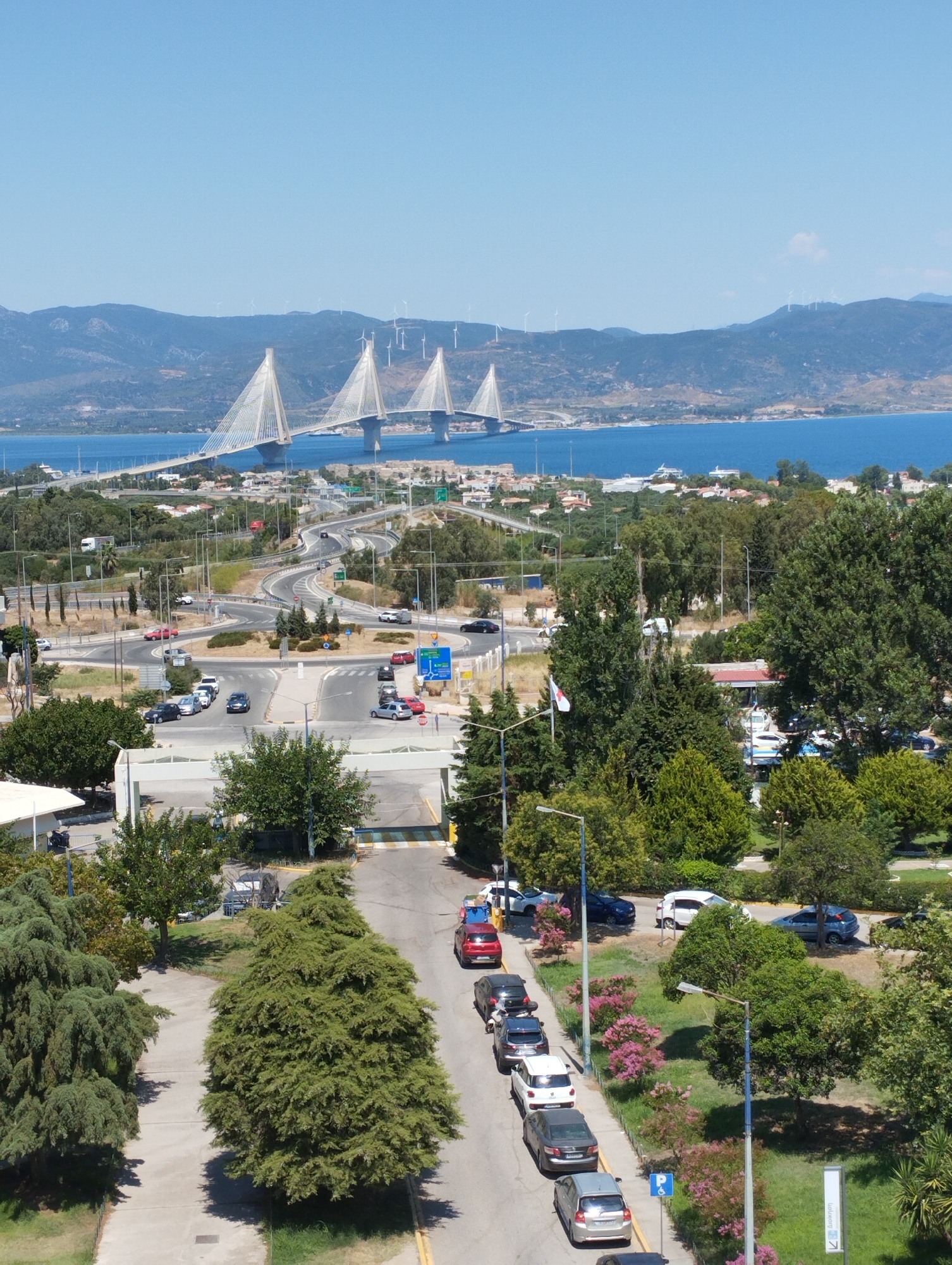 Multiple angles on a cable-stayed bridge and surrounding urban waterfront