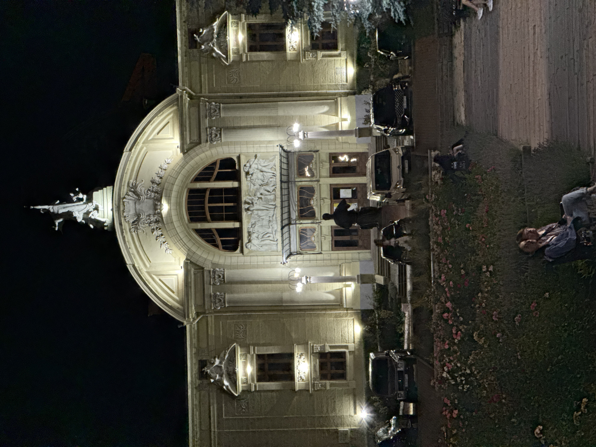 Chernivtsi city center at night, theatres lit and streets quiet