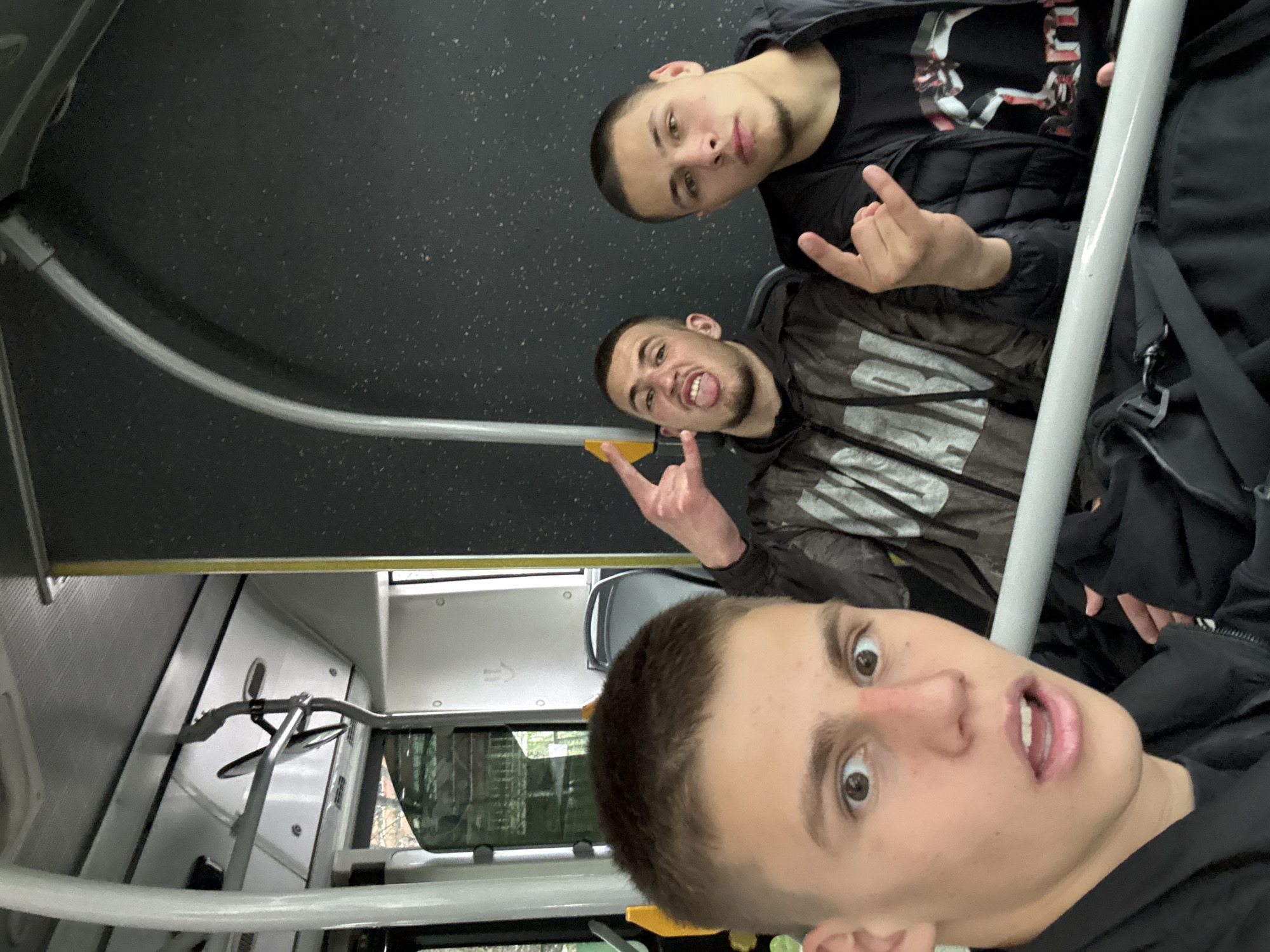 Young men take selfie on Sofia bus