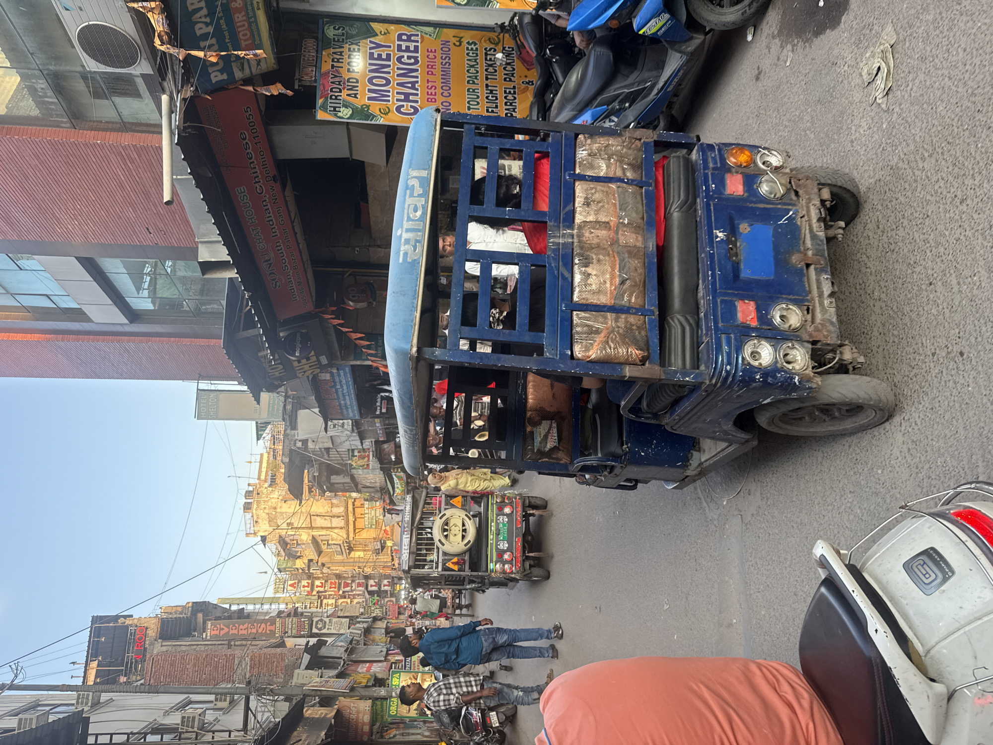Bustling commercial street scene captured in Delhi's Paharganj district
