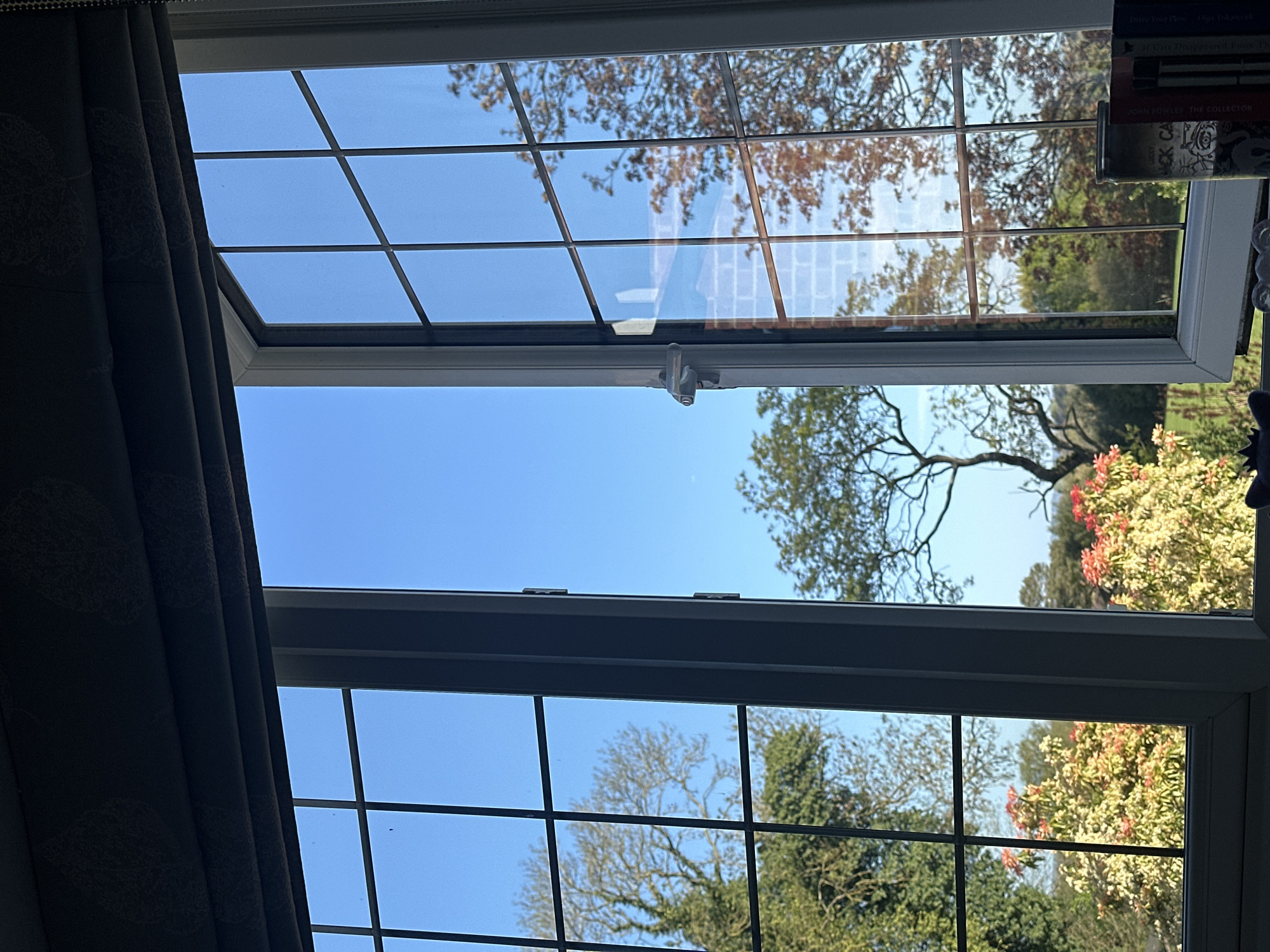 Morning garden view captured through window in Wealden