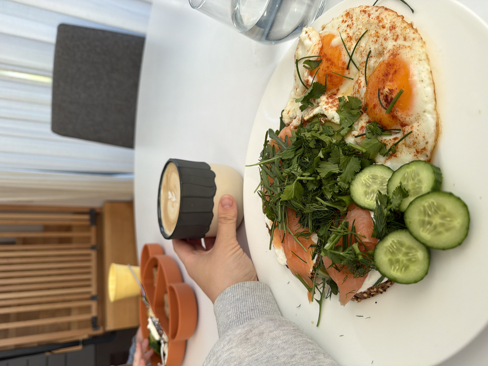 Morning breakfast with salmon and egg documented in Gangloff