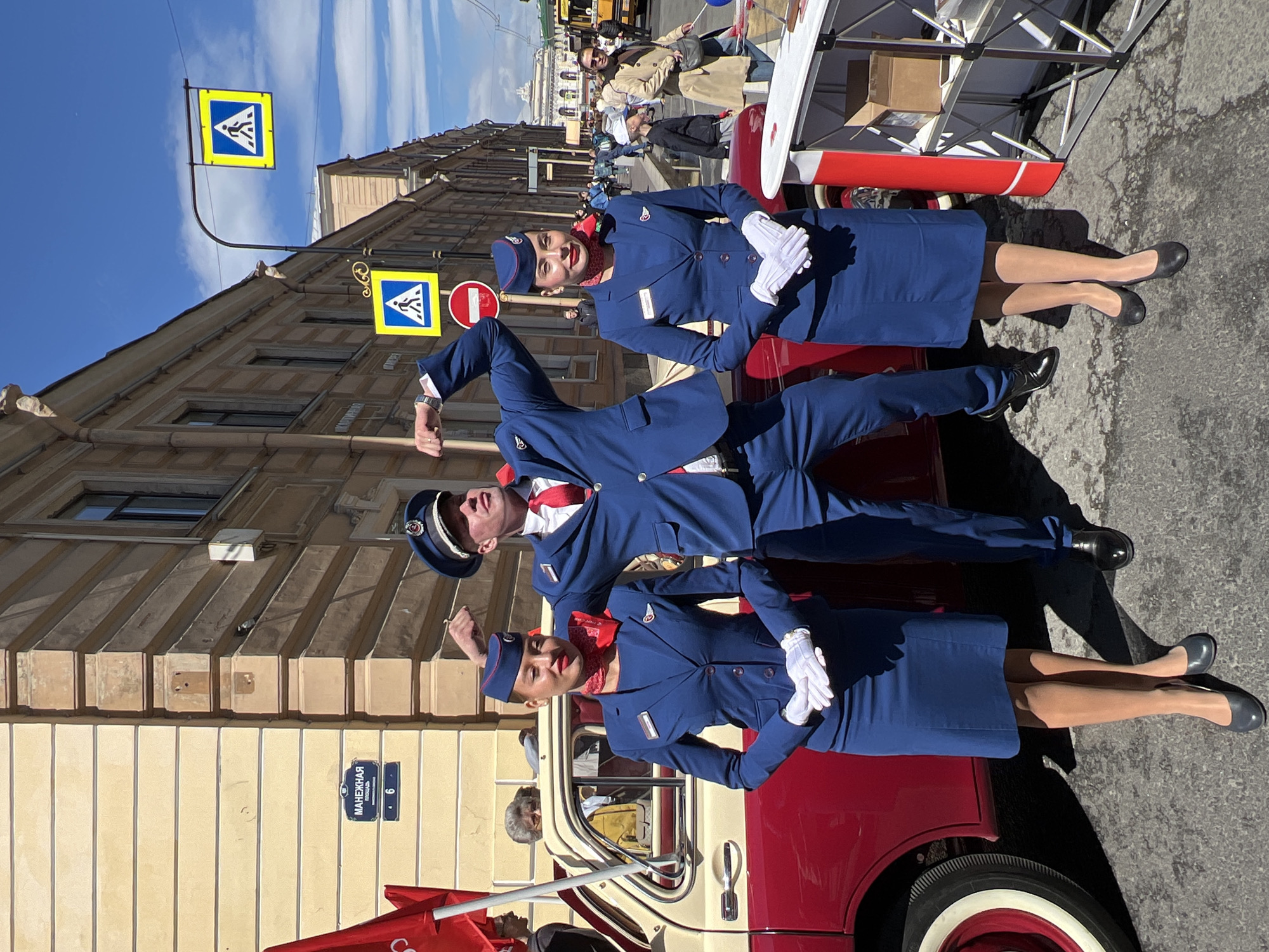 Vintage Aeroflot uniforms photo session with classic car in Saint Petersburg