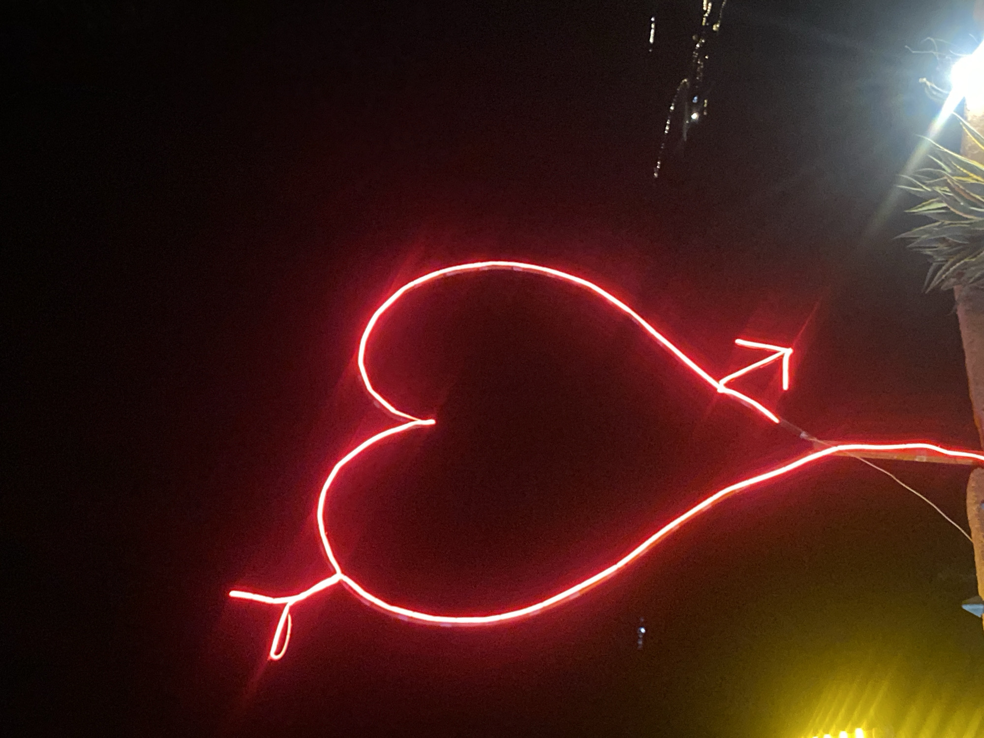 Neon heart sign lit up in the Agafay night