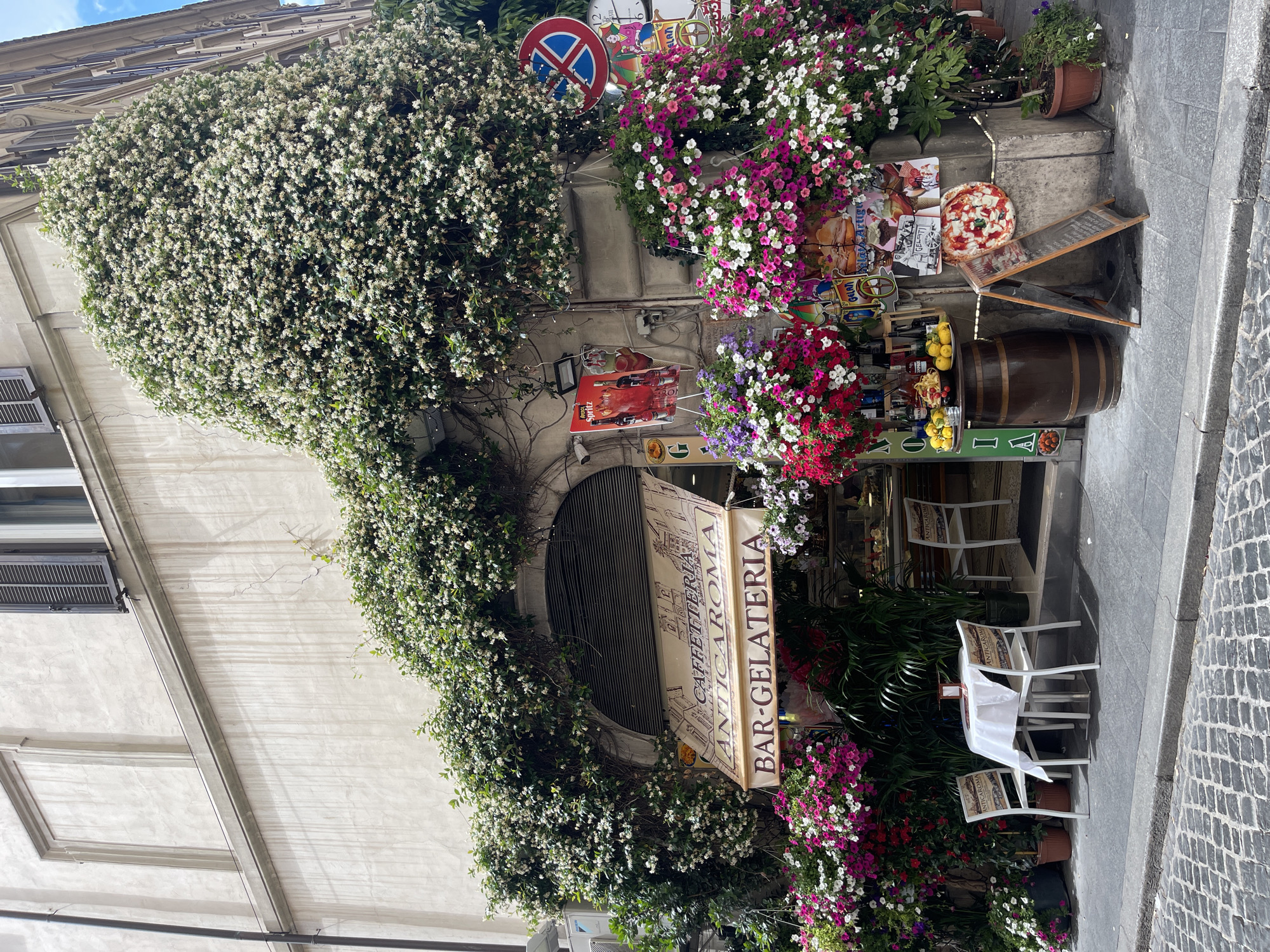 Tourist documents flower-decorated Rome landmarks during morning walkabout