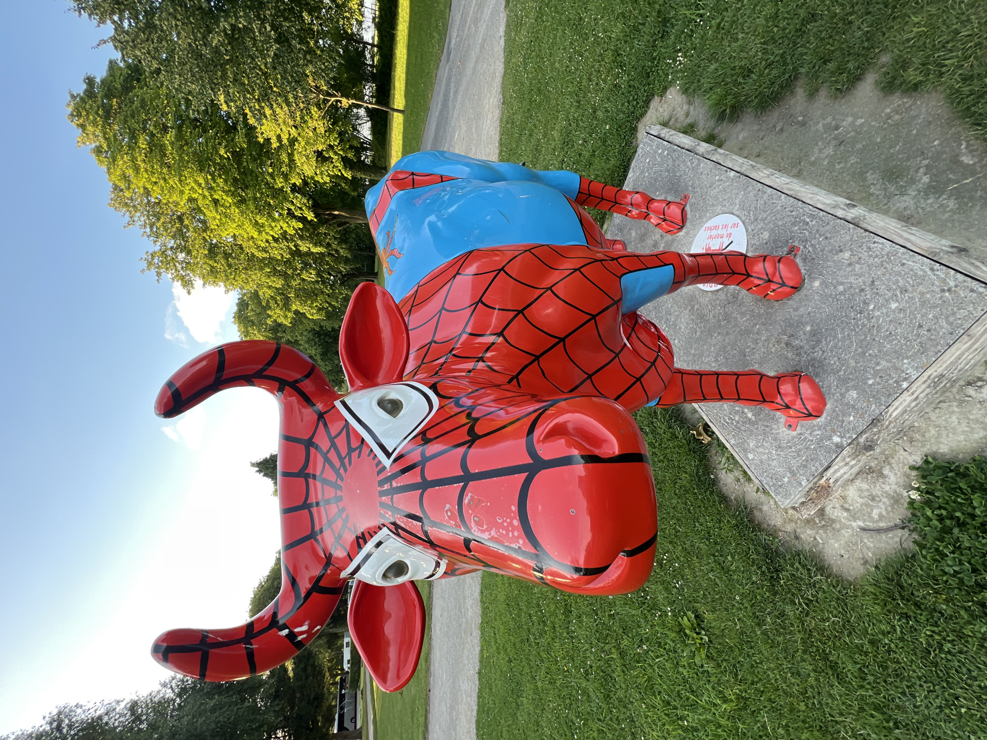 Spider-Man painted cow sculpture spotted in Beauvoir park