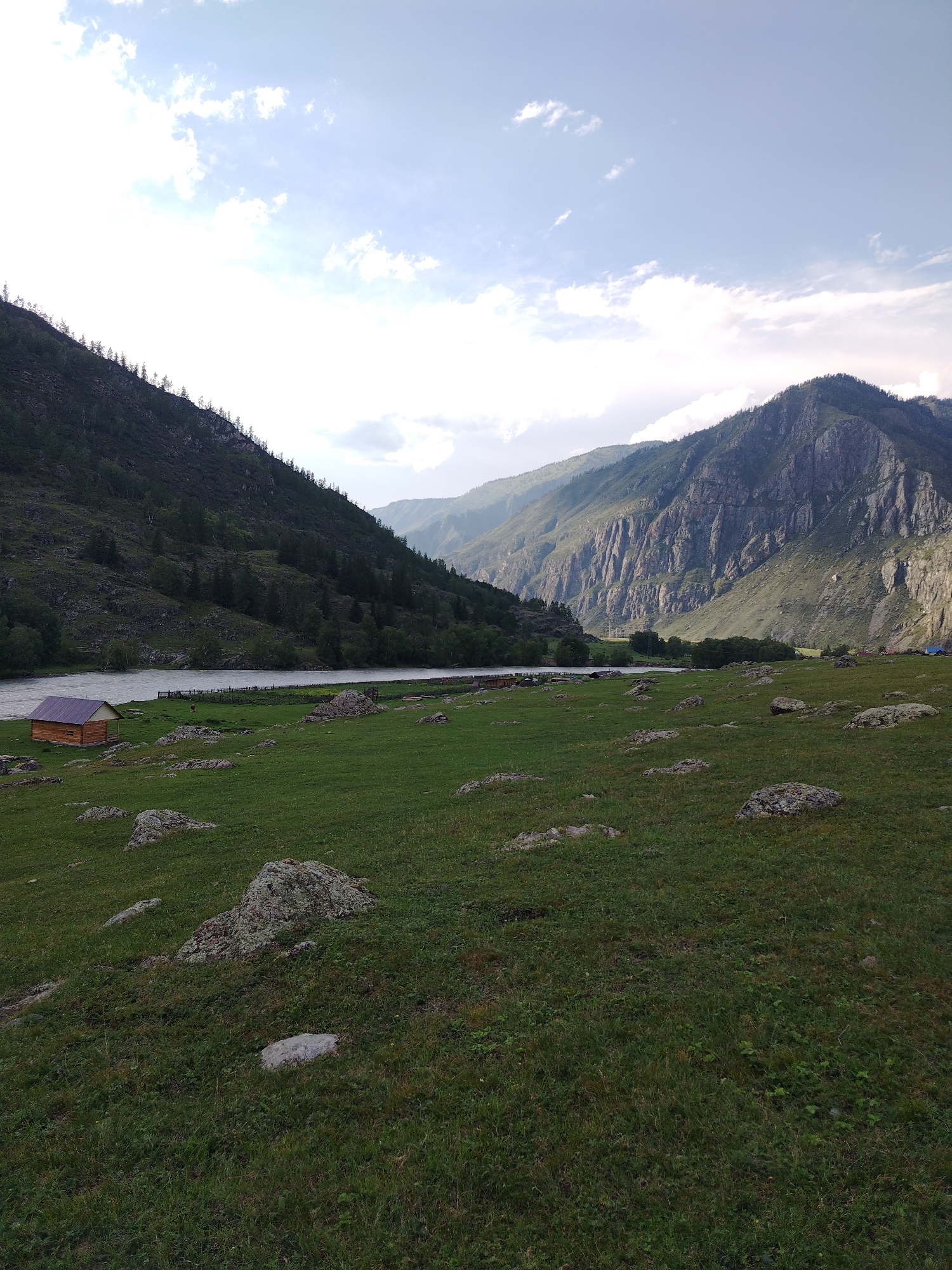 Rocky alpine meadow and river valley in Iodro, Russia