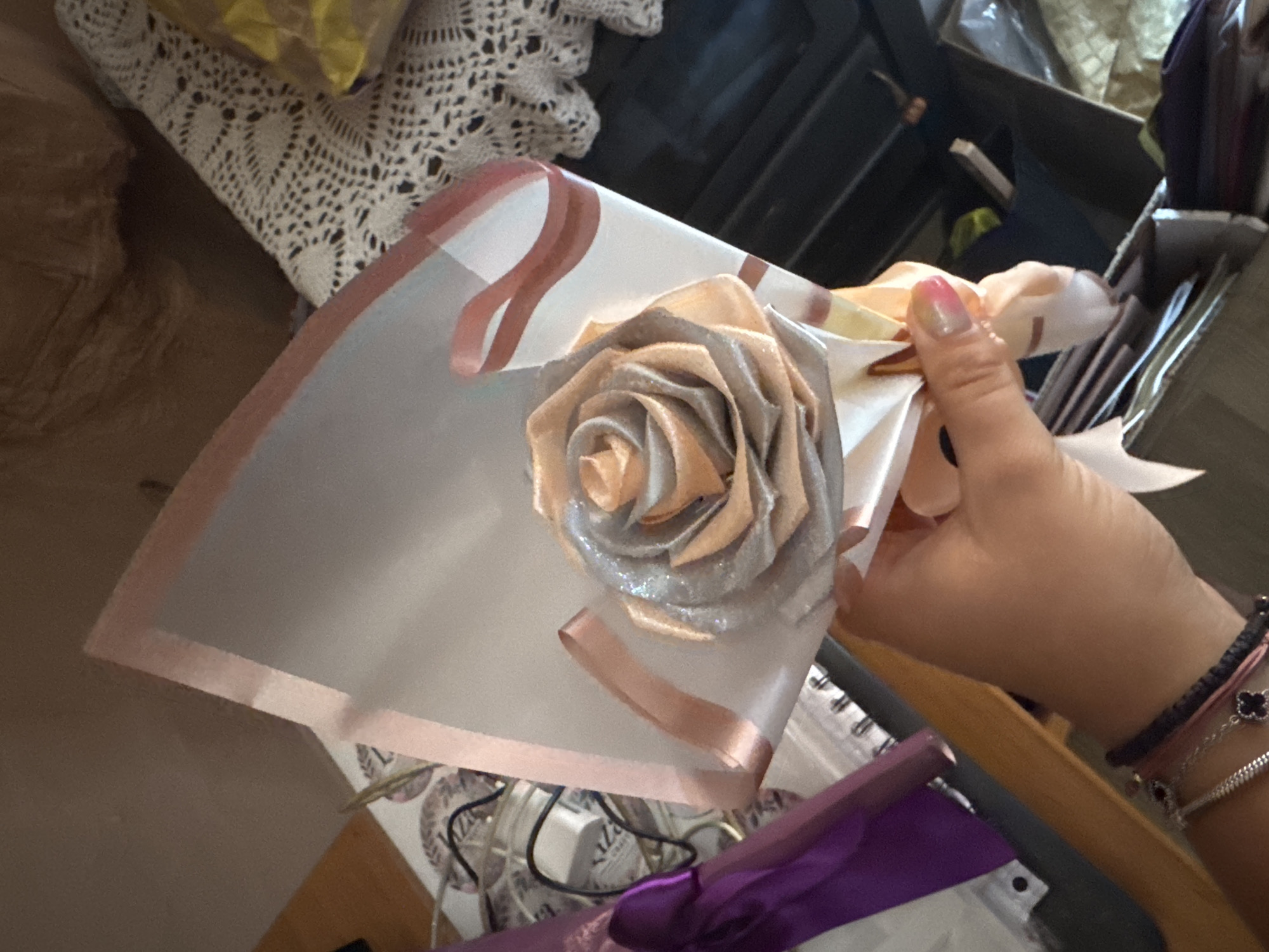 Handmade ribbon roses and gift bouquets taking shape in Sredets
