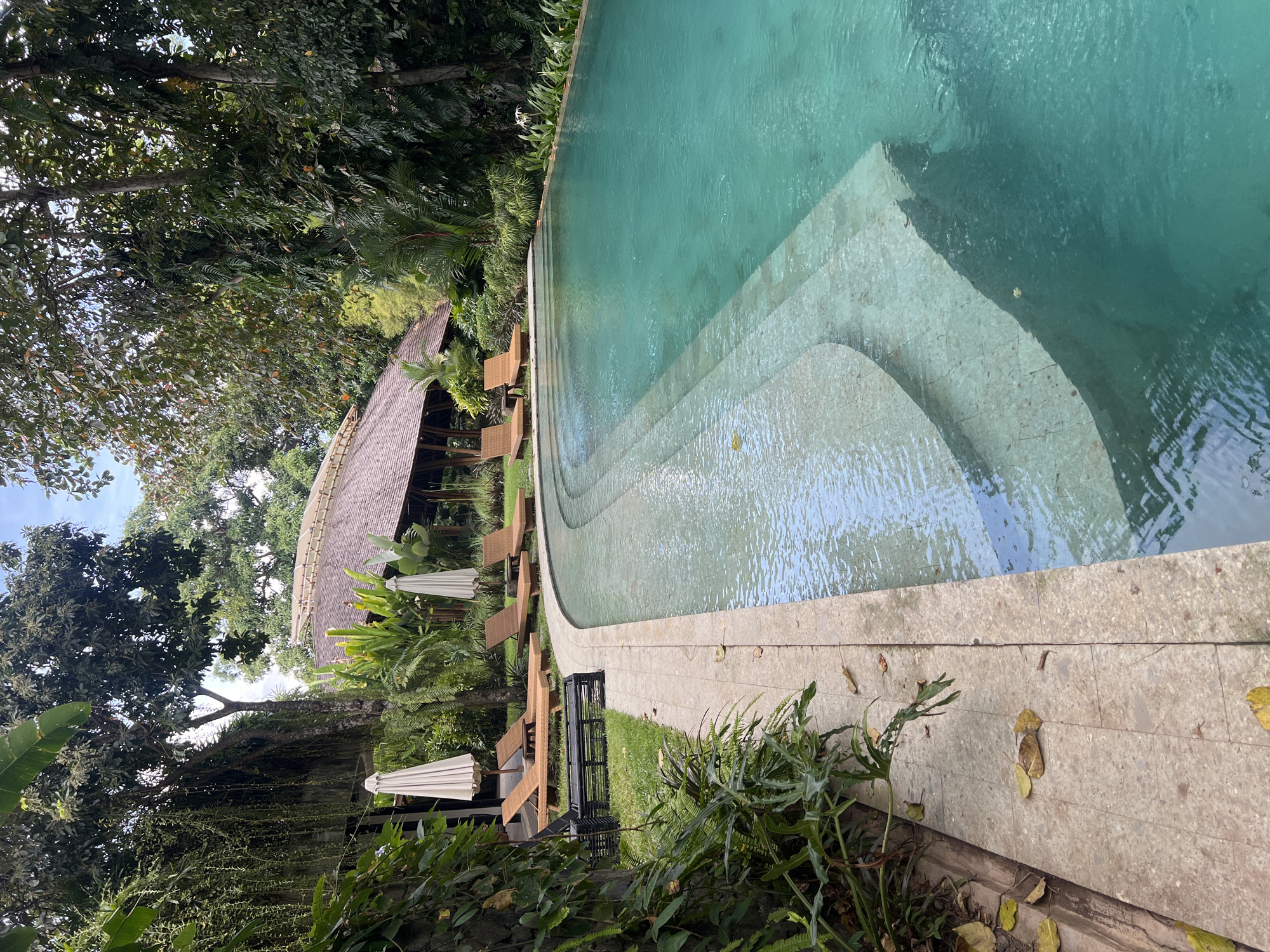 Evening scenes documented at Kerobokan residence with pool, tropical plants