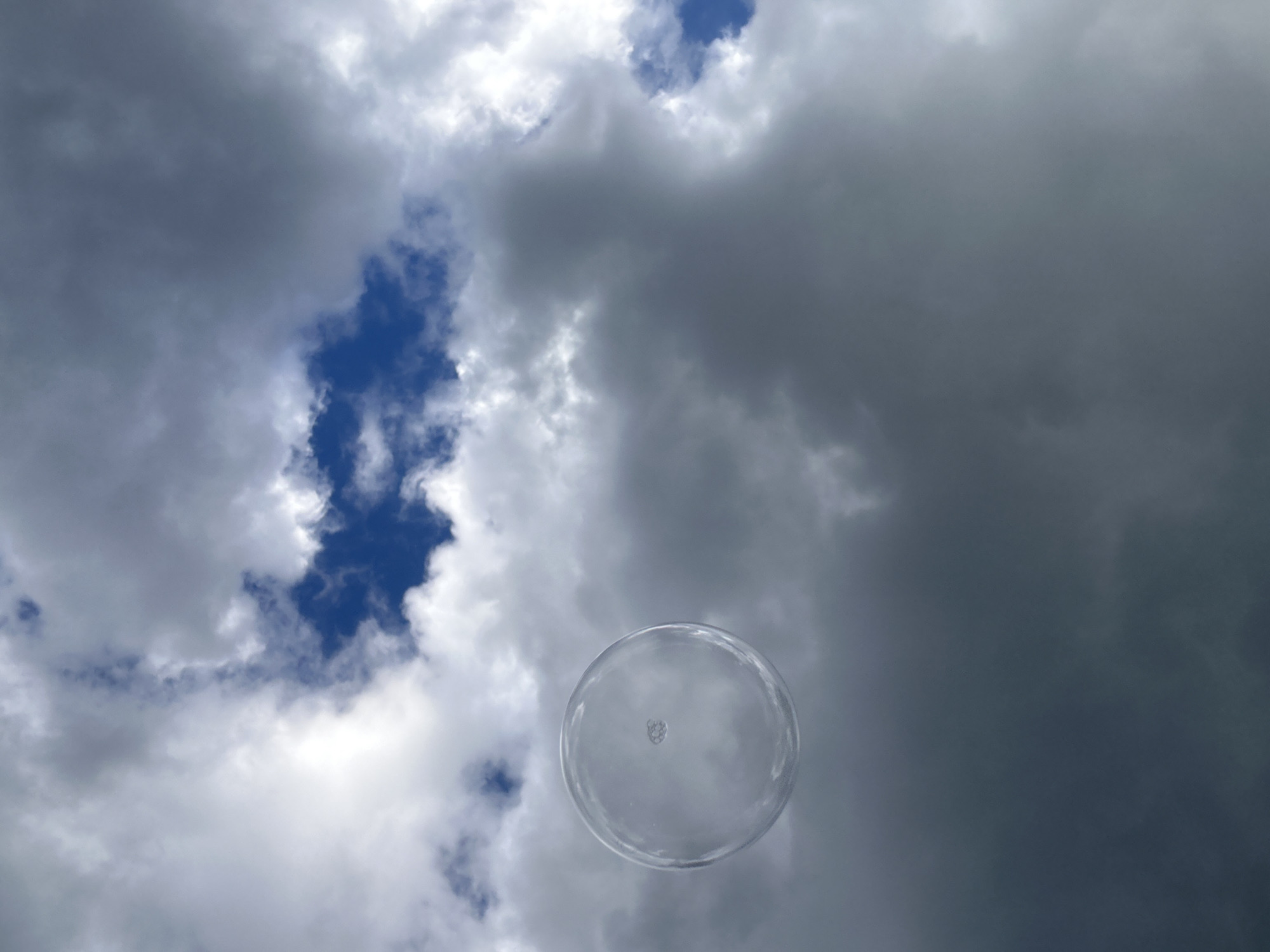 Toddler plays outdoors blowing bubbles in Wisła, Poland
