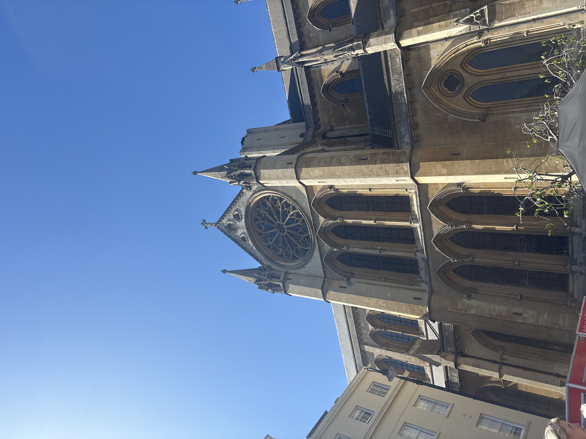 London Gothic architecture and street market captured under clear skies