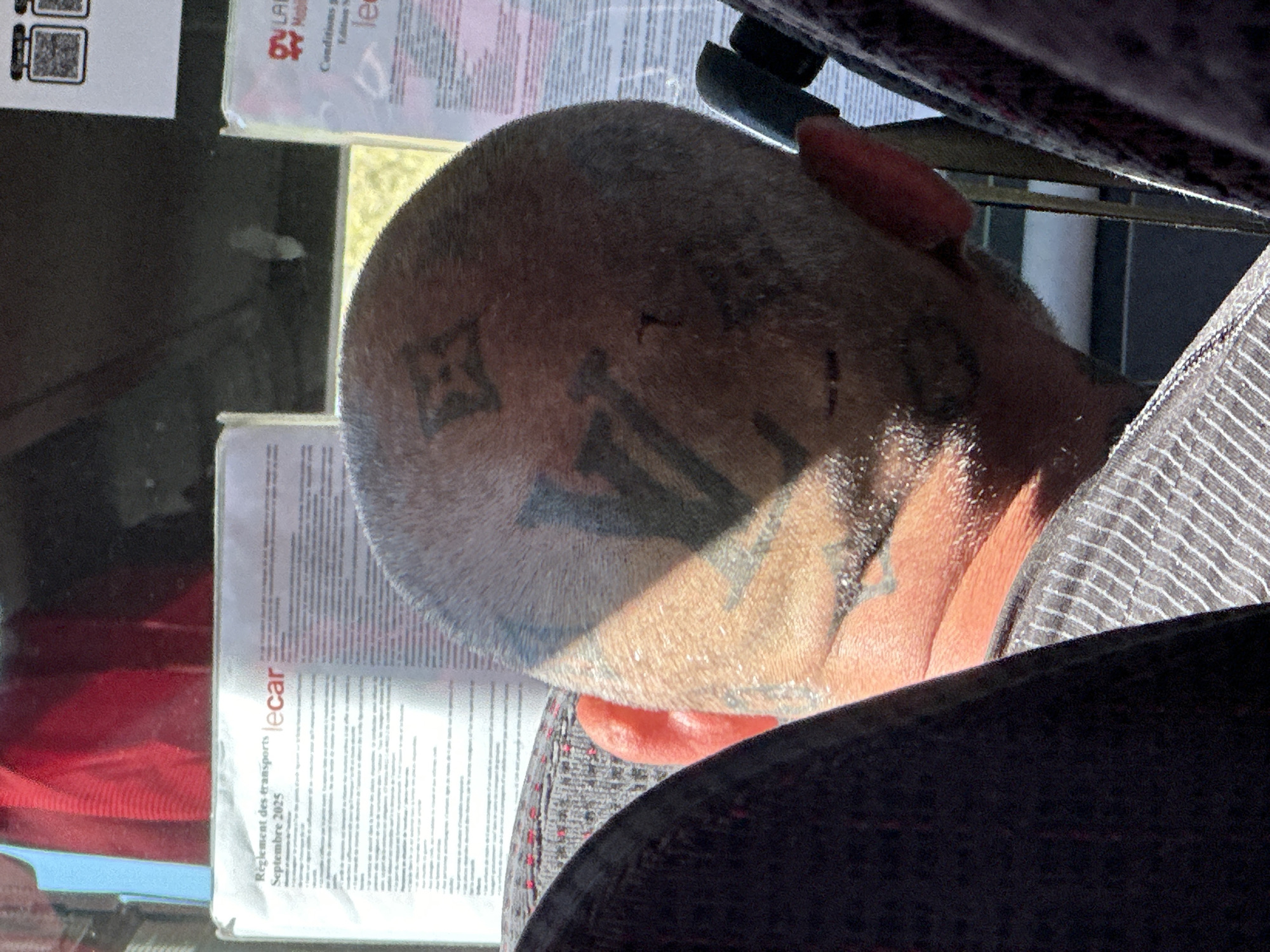 Tattooed passenger rests on public transit in Aix-en-Provence