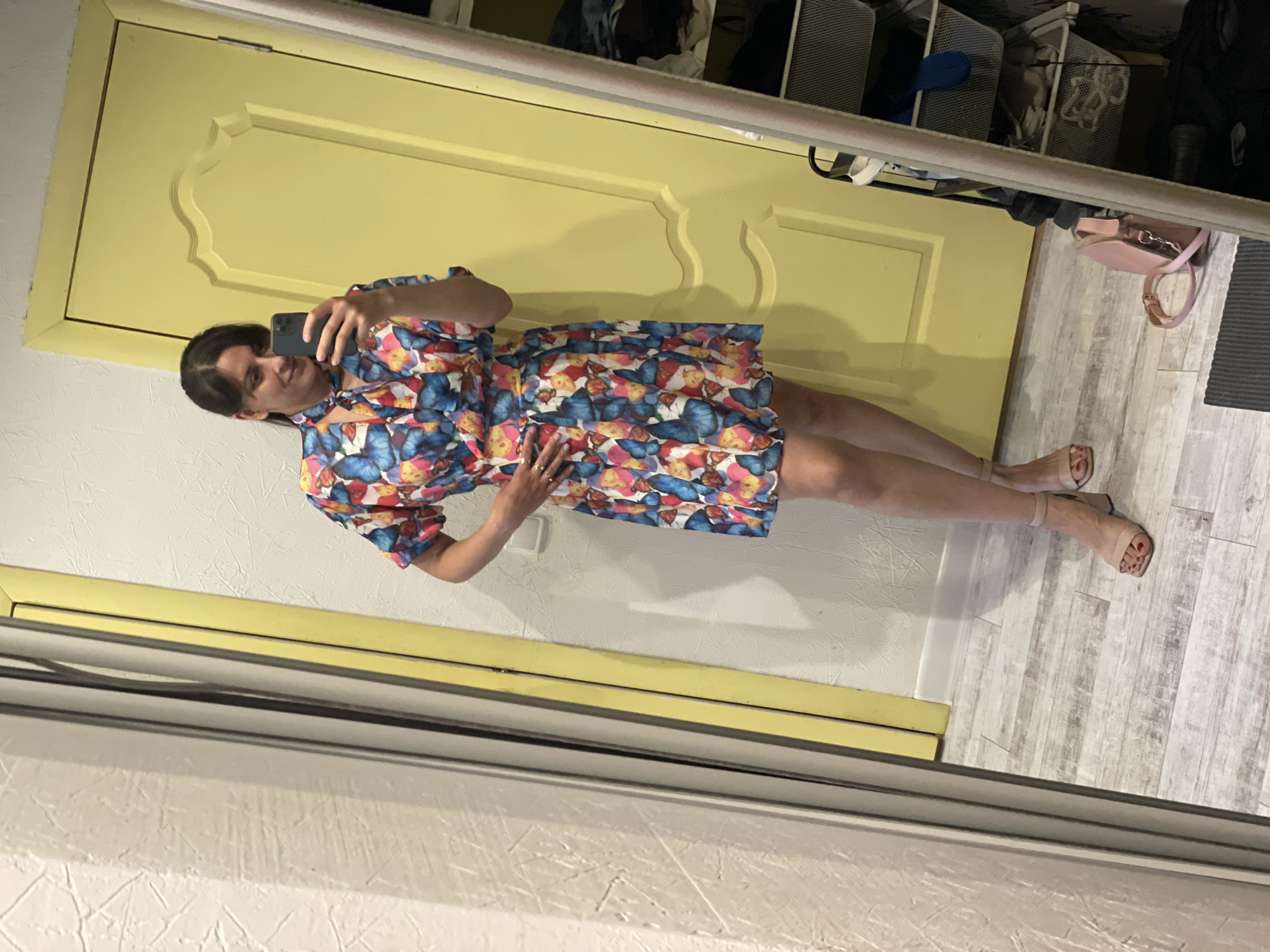Mirror selfie in butterfly-print dress, Izhevsk